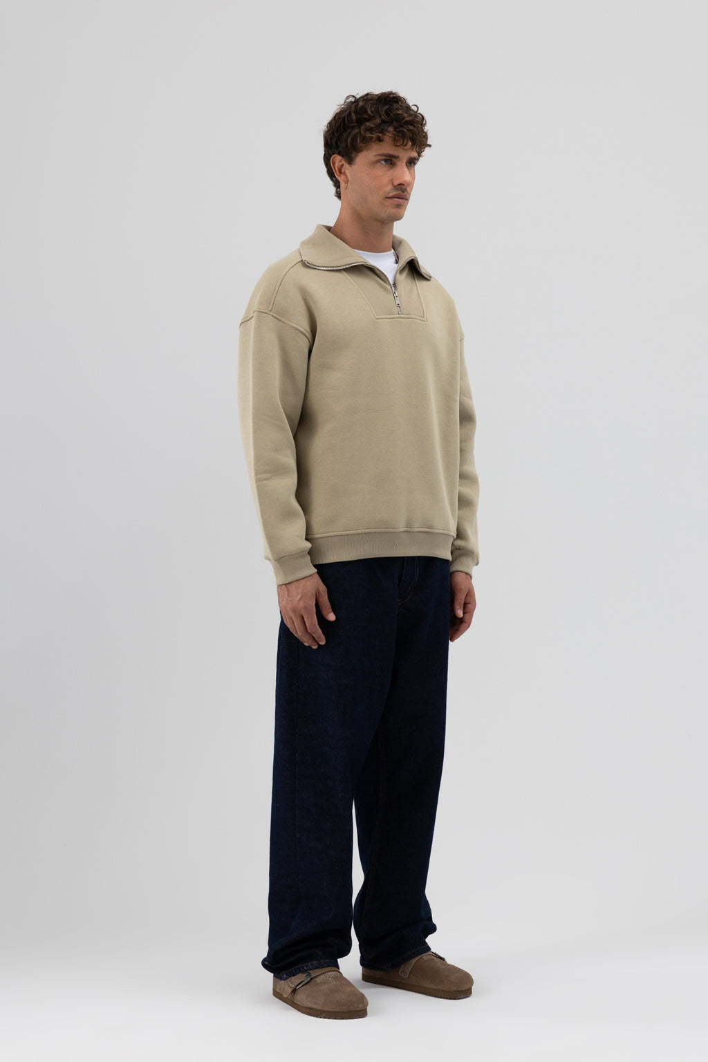 Basic Fermuarlı Dik Yaka Sweatshirt Haki