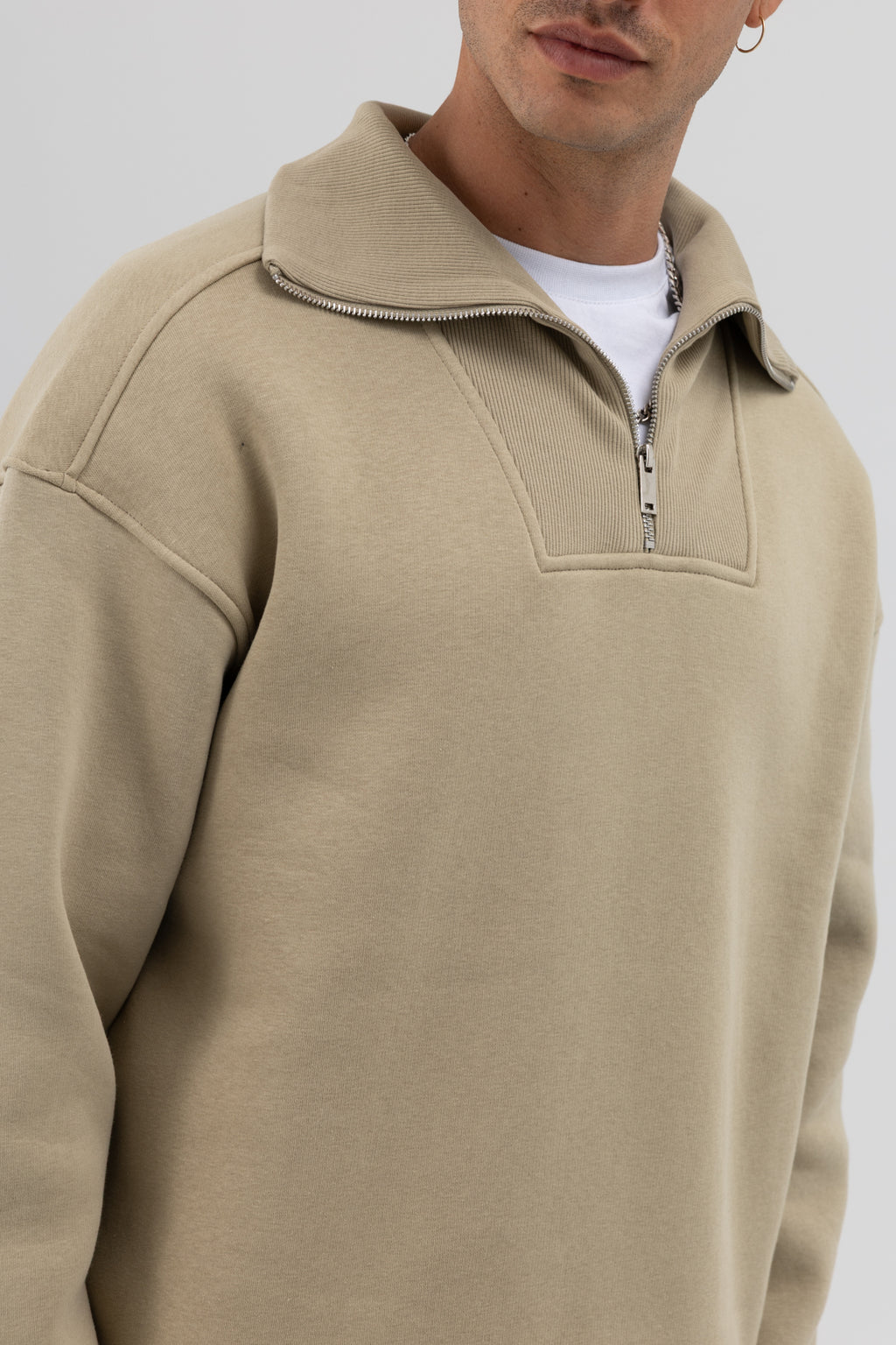 Basic Fermuarlı Dik Yaka Sweatshirt Haki