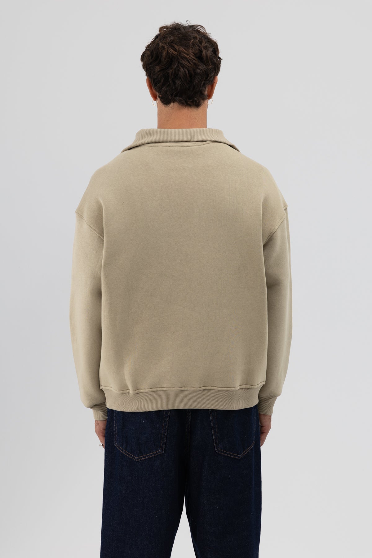 Basic Fermuarlı Dik Yaka Sweatshirt Haki