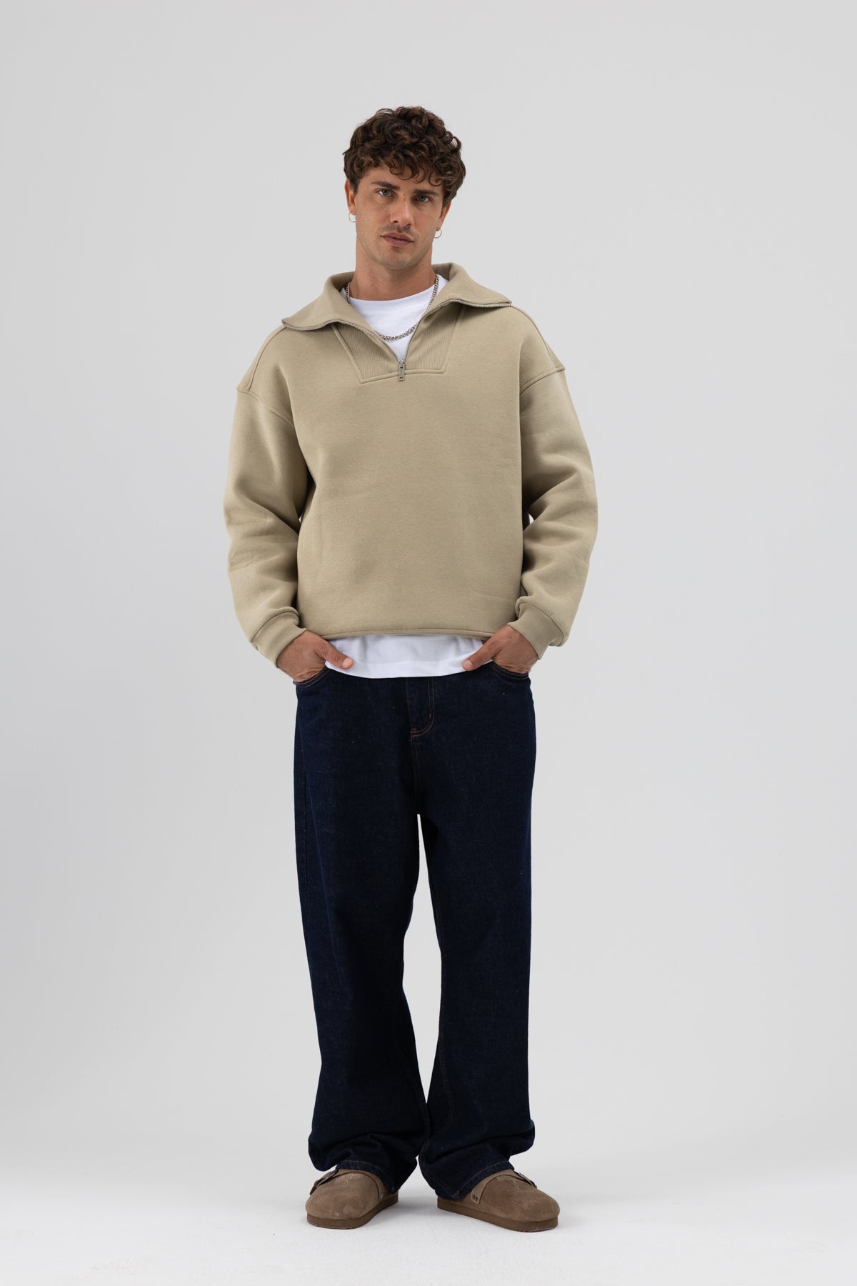 Basic Fermuarlı Dik Yaka Sweatshirt Haki