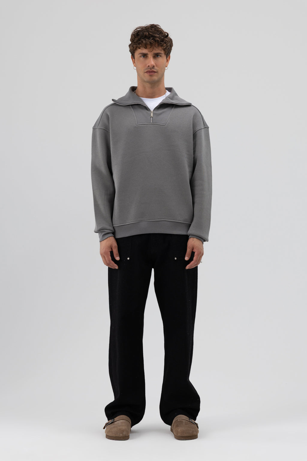 Basic Fermuarlı Dik Yaka Sweatshirt Füme