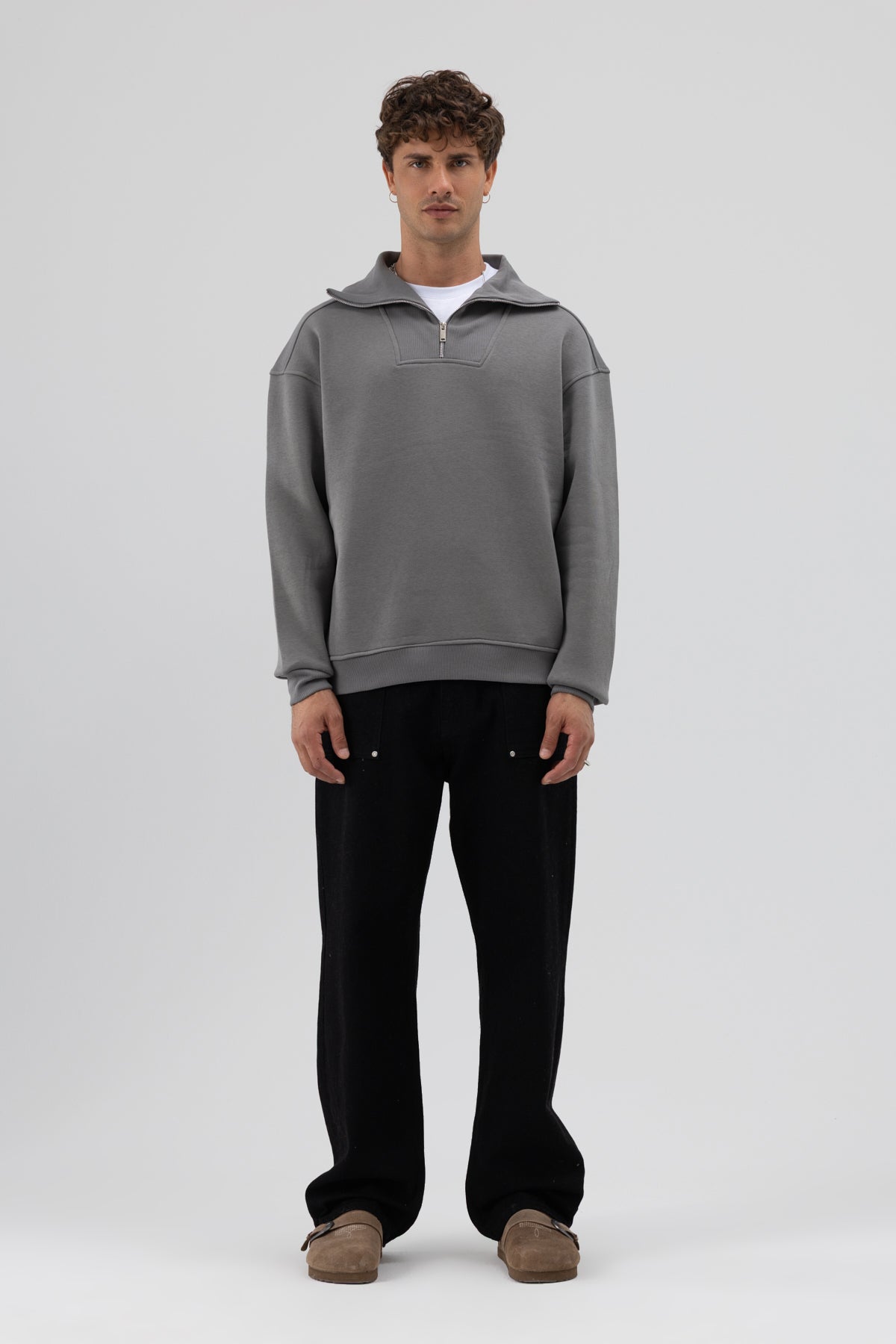 Basic Fermuarlı Dik Yaka Sweatshirt Füme
