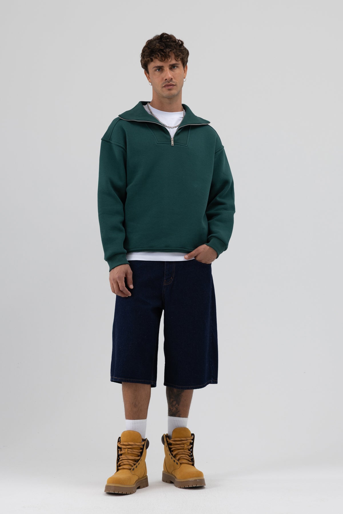 Basic Fermuarlı Dik Yaka Sweatshirt Nefti