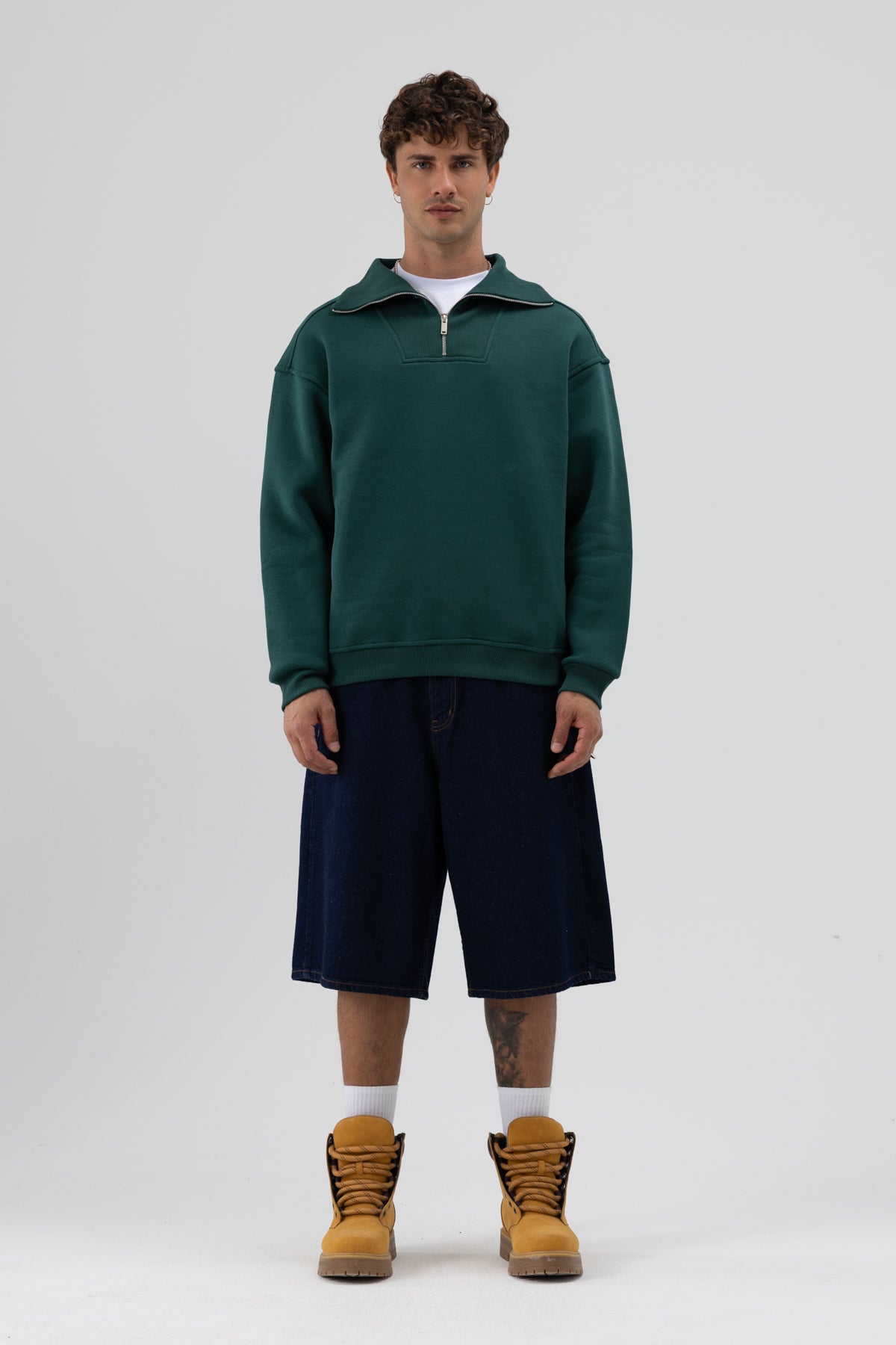 Basic Fermuarlı Dik Yaka Sweatshirt Nefti