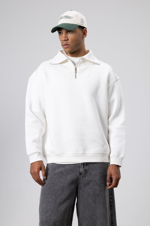 Basic Fermuarlı Dik Yaka Sweatshirt Ekru