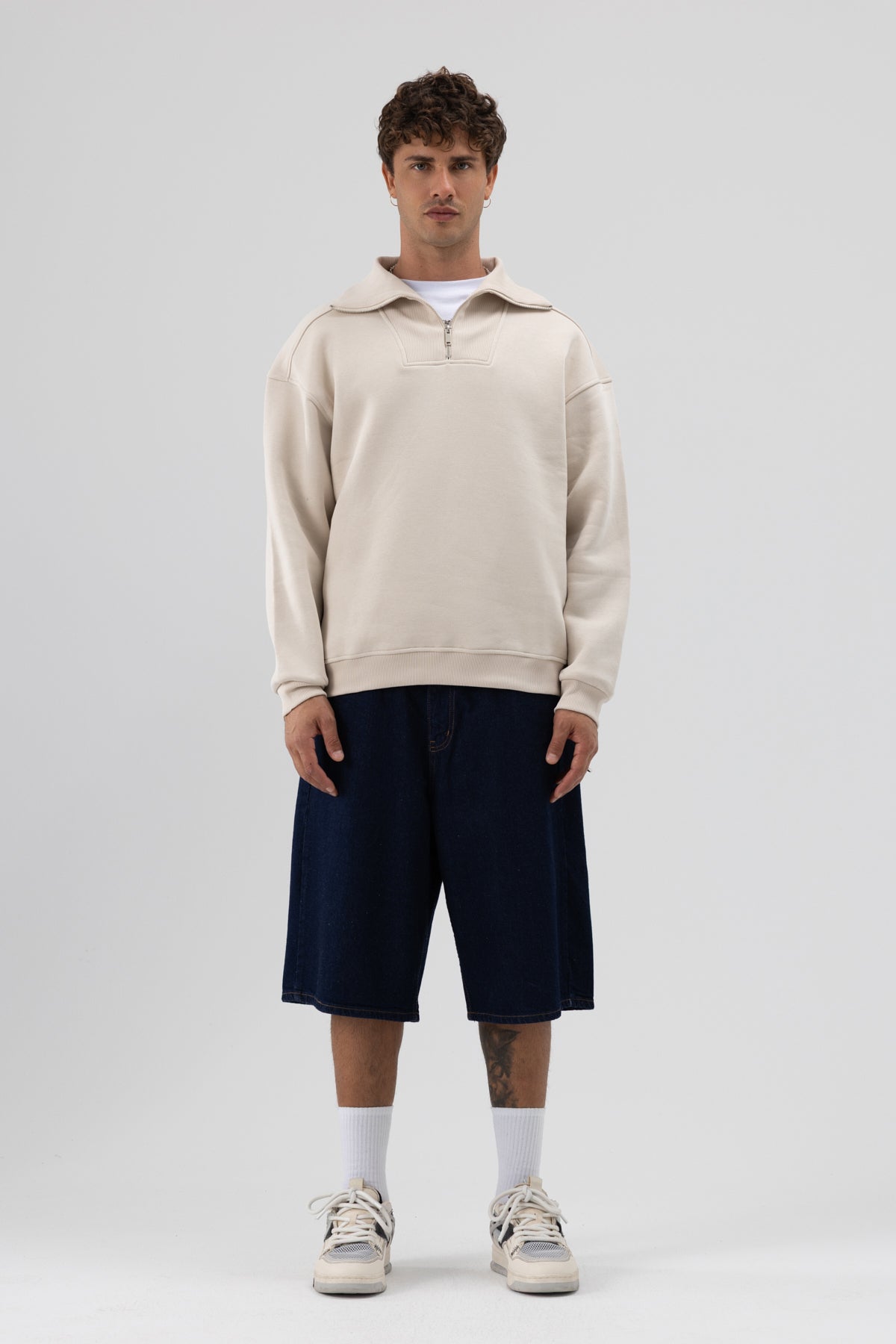 Basic Fermuarlı Dik Yaka Sweatshirt Taş
