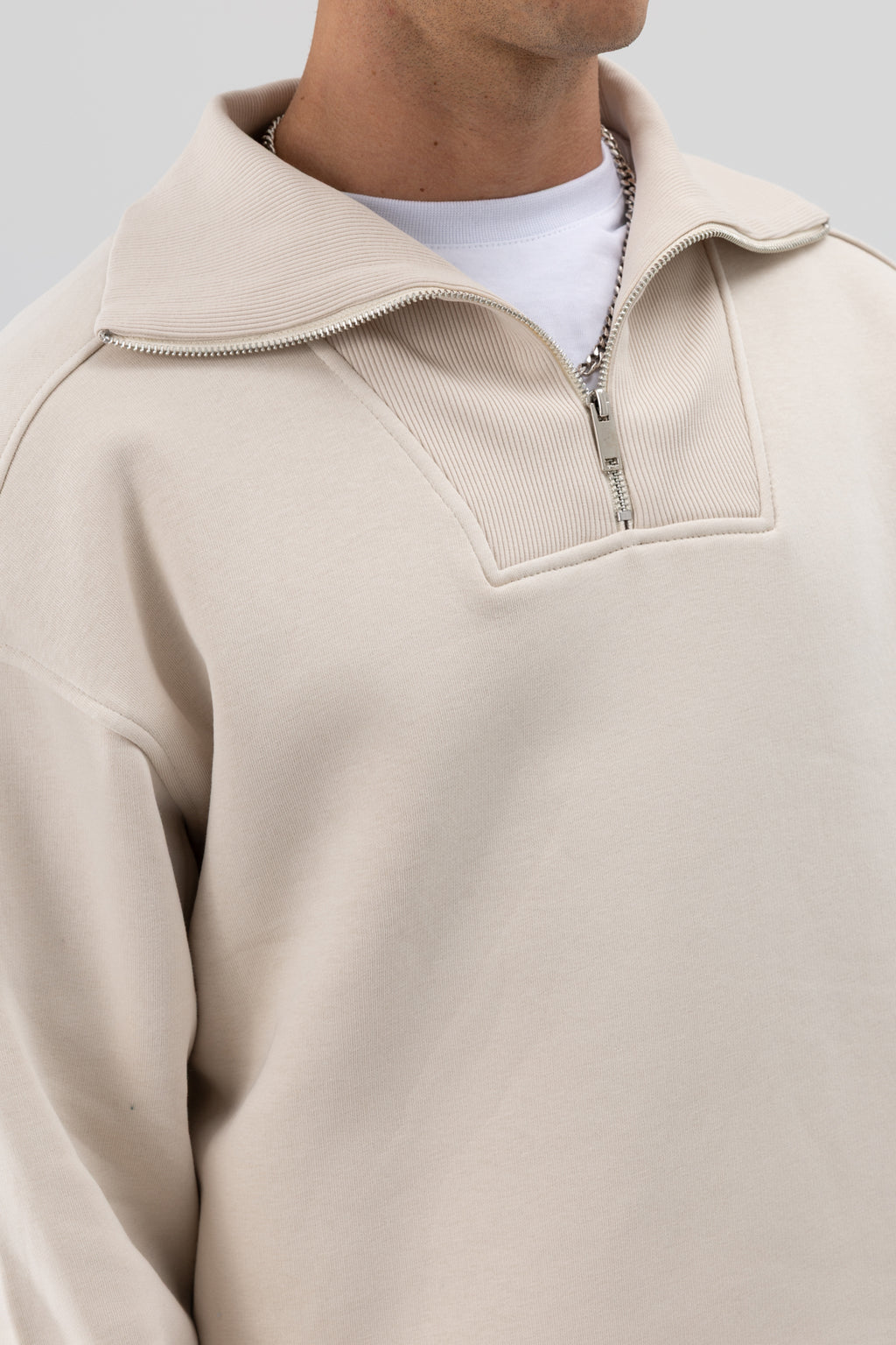 Basic Fermuarlı Dik Yaka Sweatshirt Taş