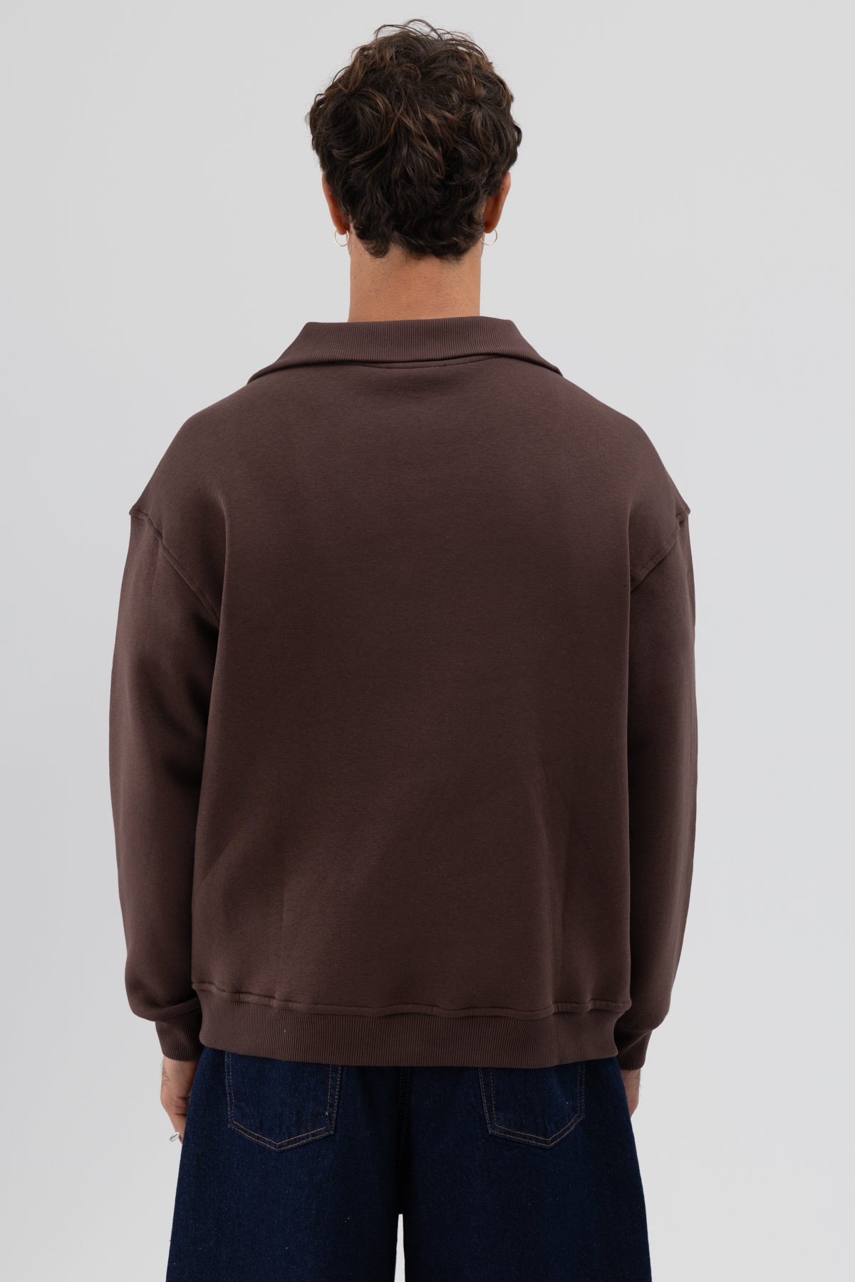 Basic Fermuarlı Dik Yaka Sweatshirt Kahve