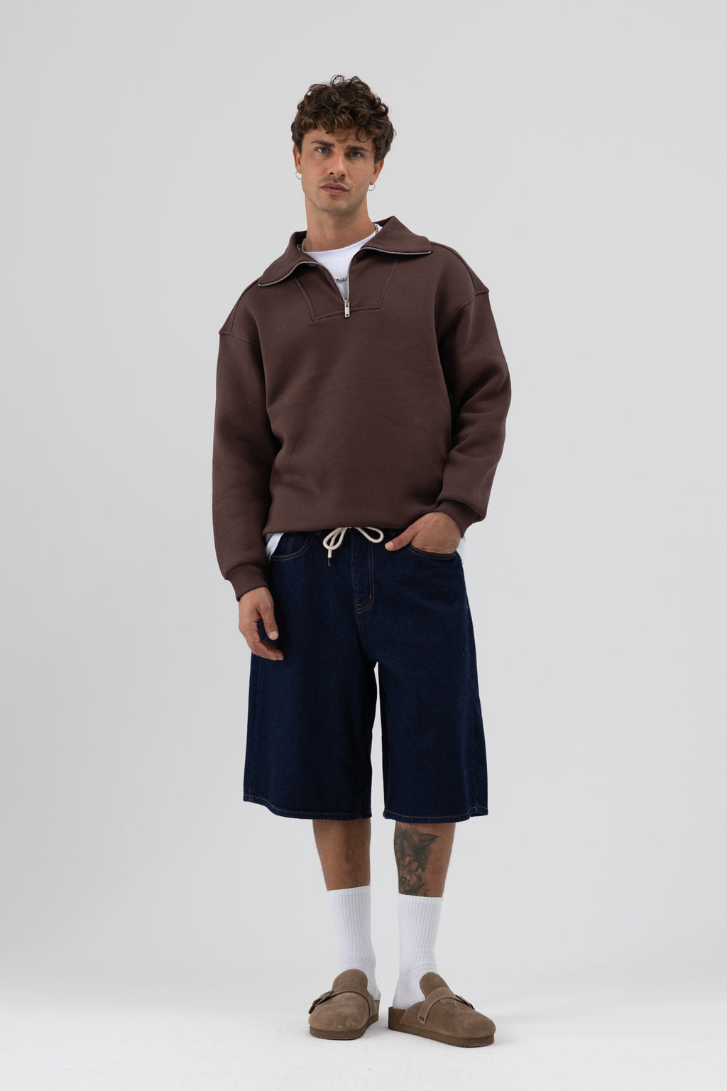 Basic Fermuarlı Dik Yaka Sweatshirt Kahve