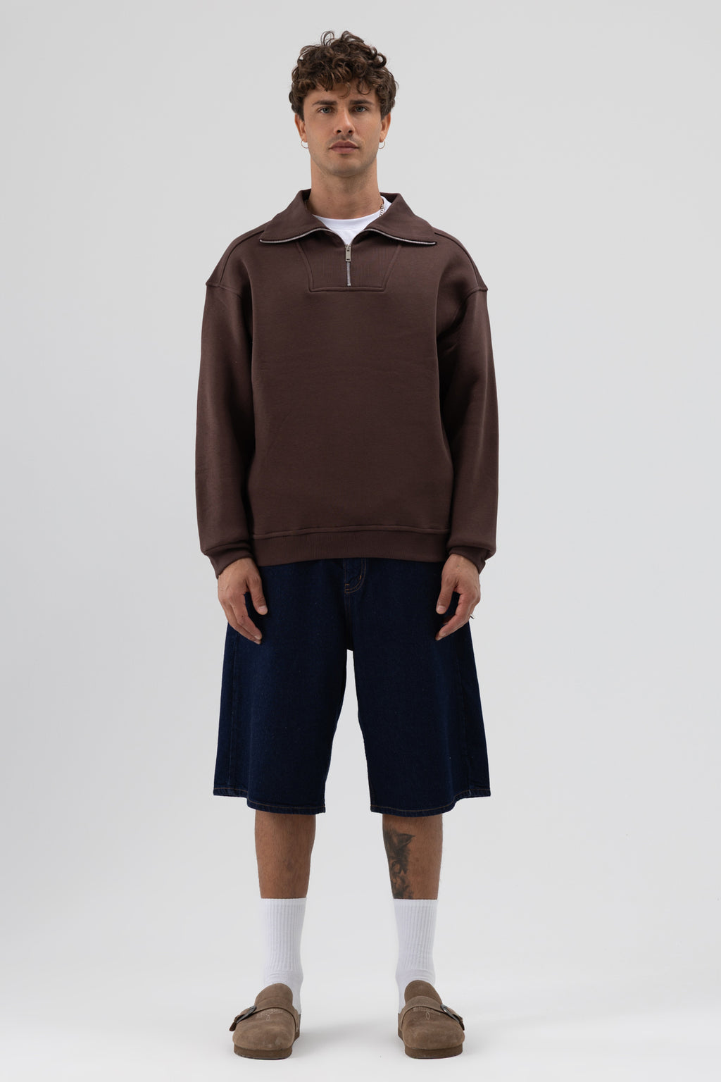 Basic Fermuarlı Dik Yaka Sweatshirt Kahve