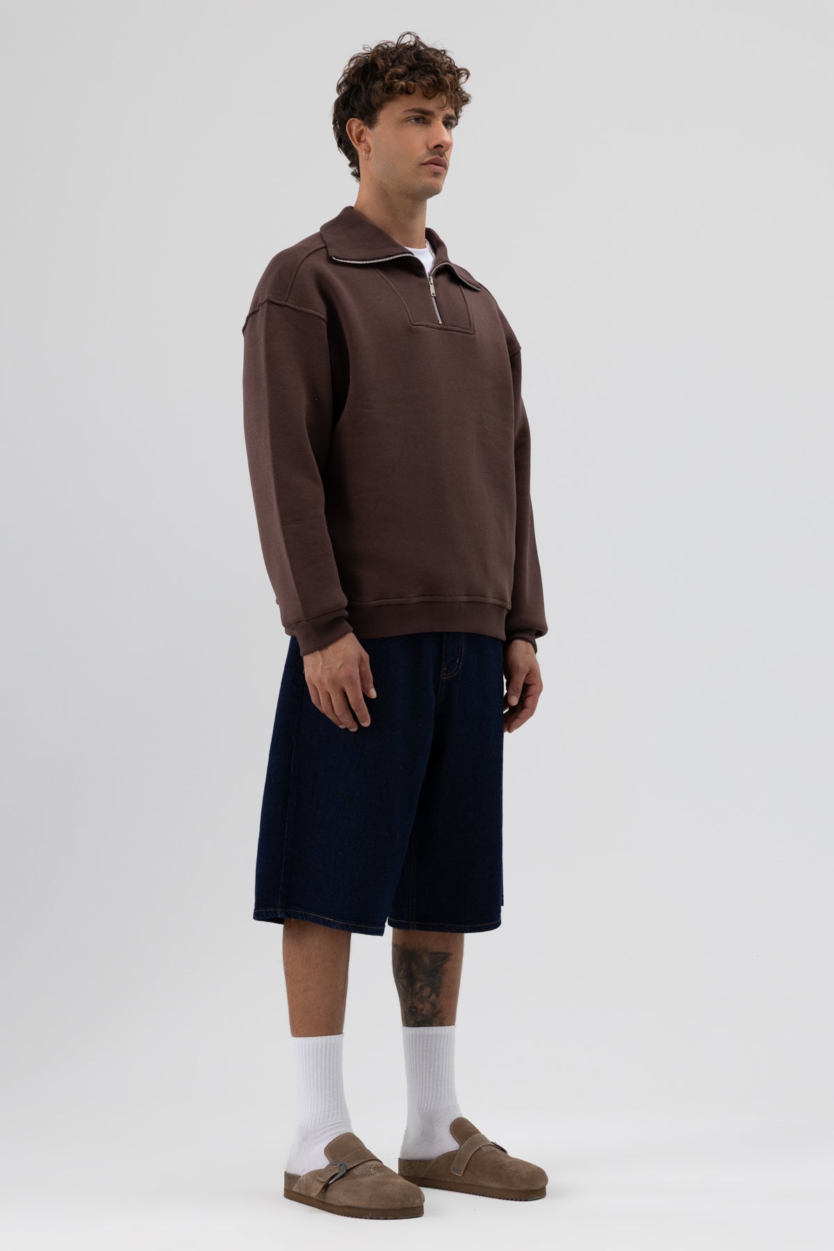 Basic Fermuarlı Dik Yaka Sweatshirt Kahve