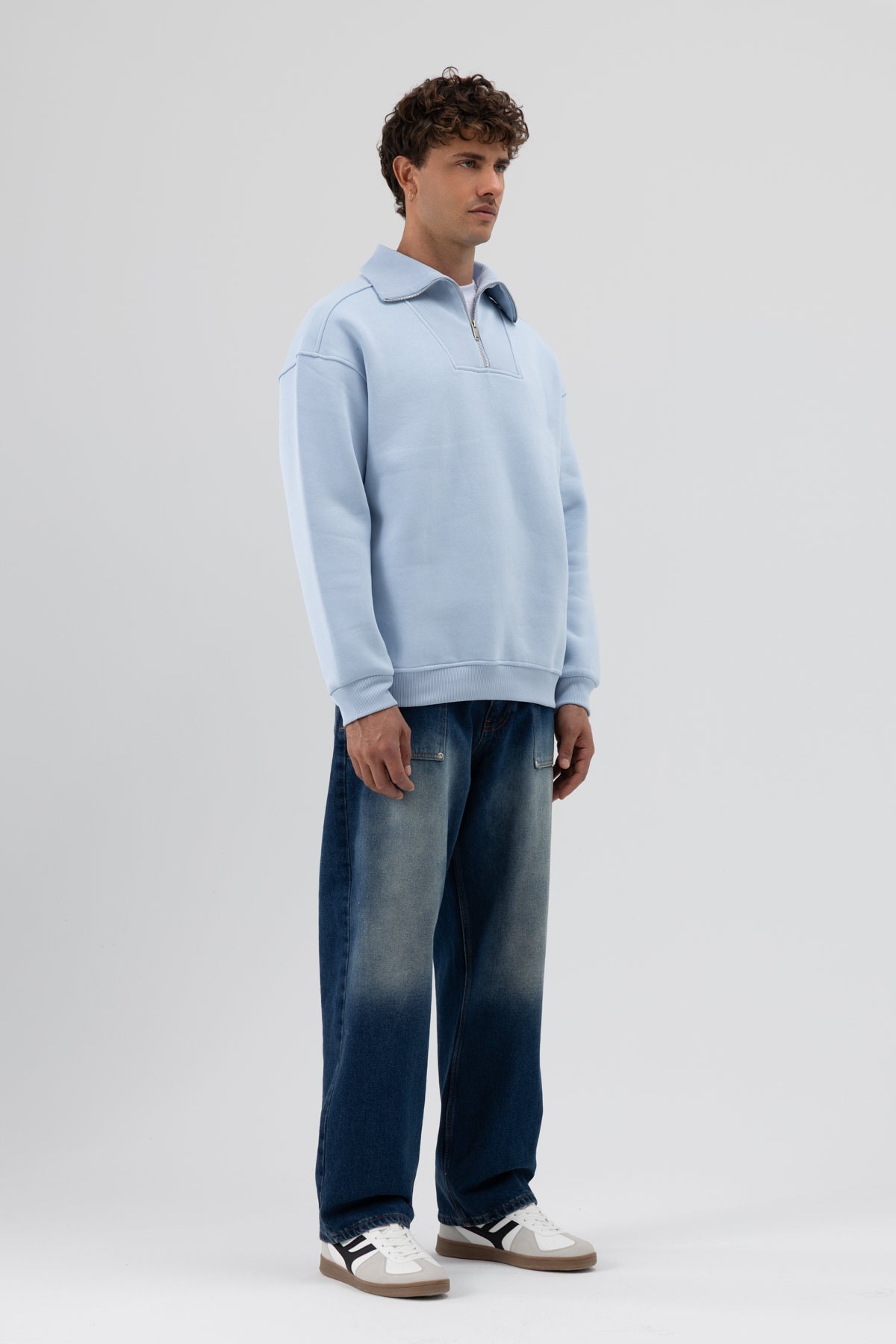 Basic Fermuarlı Dik Yaka Sweatshirt Bebe Mavi