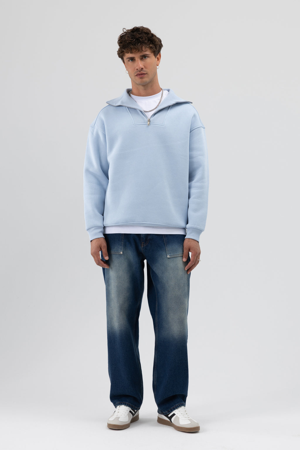 Basic Fermuarlı Dik Yaka Sweatshirt Bebe Mavi