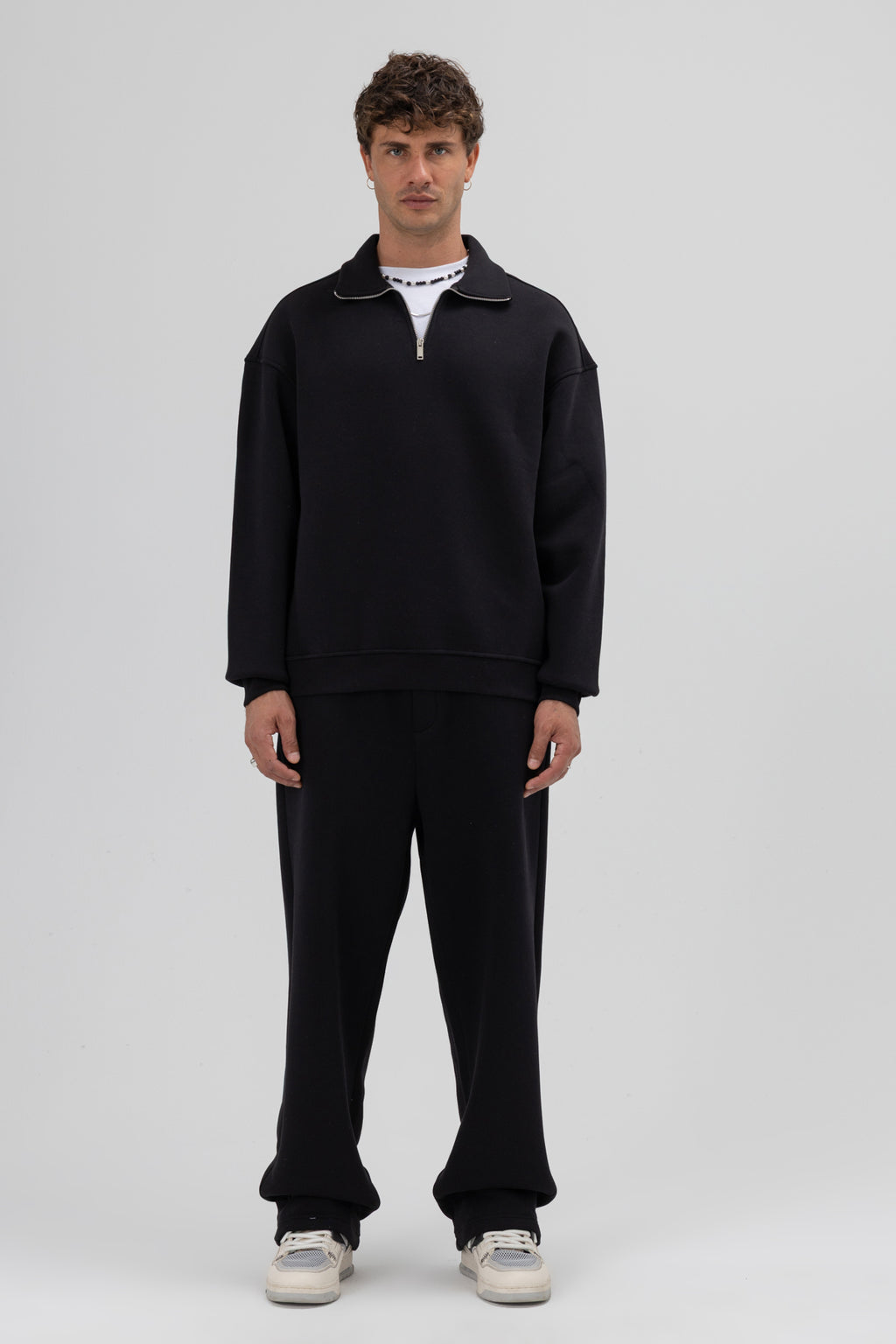 Oversize Fermuarlı Dik Yaka Sweatshirt Siyah