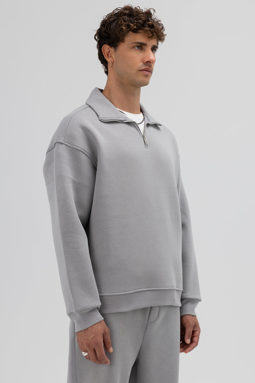 Oversize Fermuarlı Dik Yaka Sweatshirt Gri