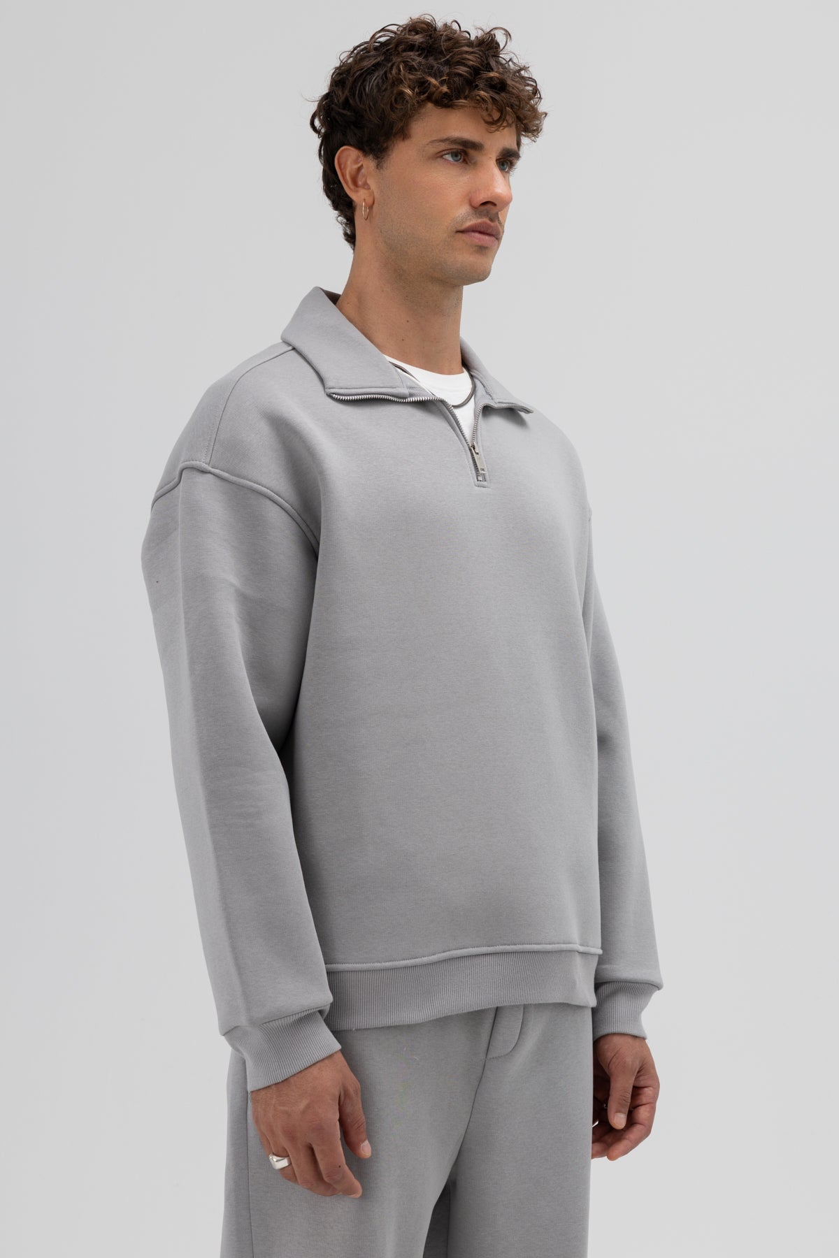 Oversize Fermuarlı Dik Yaka Sweatshirt Gri