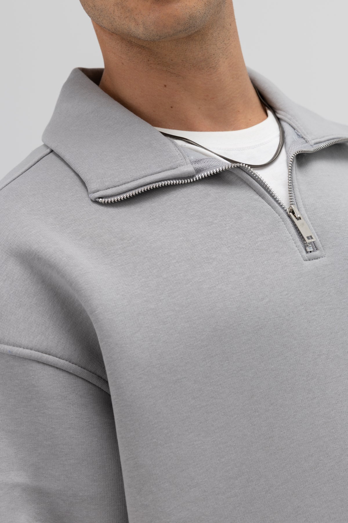 Oversize Fermuarlı Dik Yaka Sweatshirt Gri