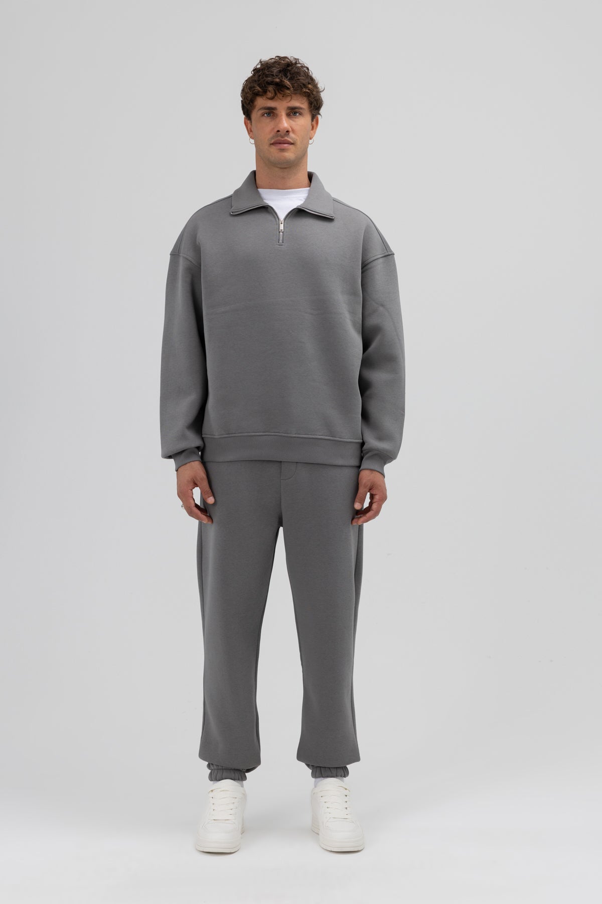 Oversize Fermuarlı Dik Yaka Sweatshirt Füme