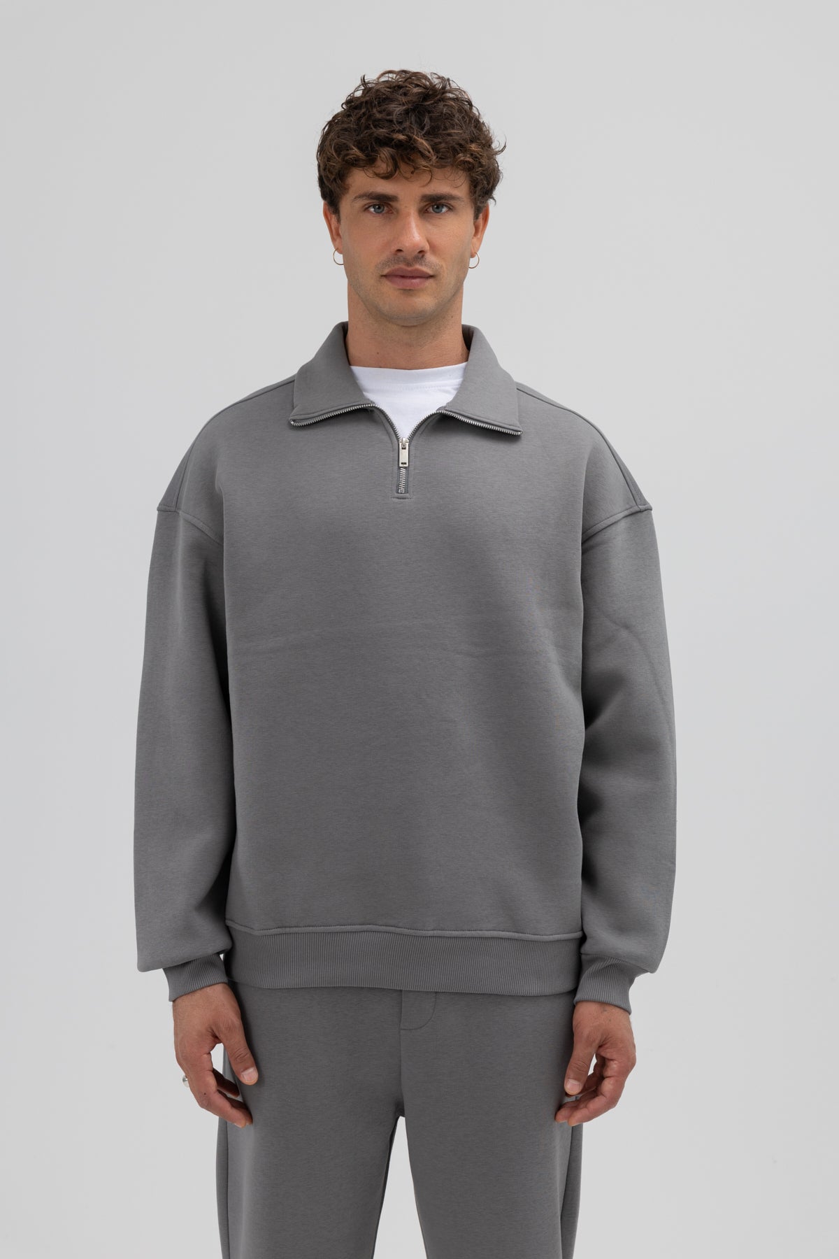 Oversize Fermuarlı Dik Yaka Sweatshirt Füme