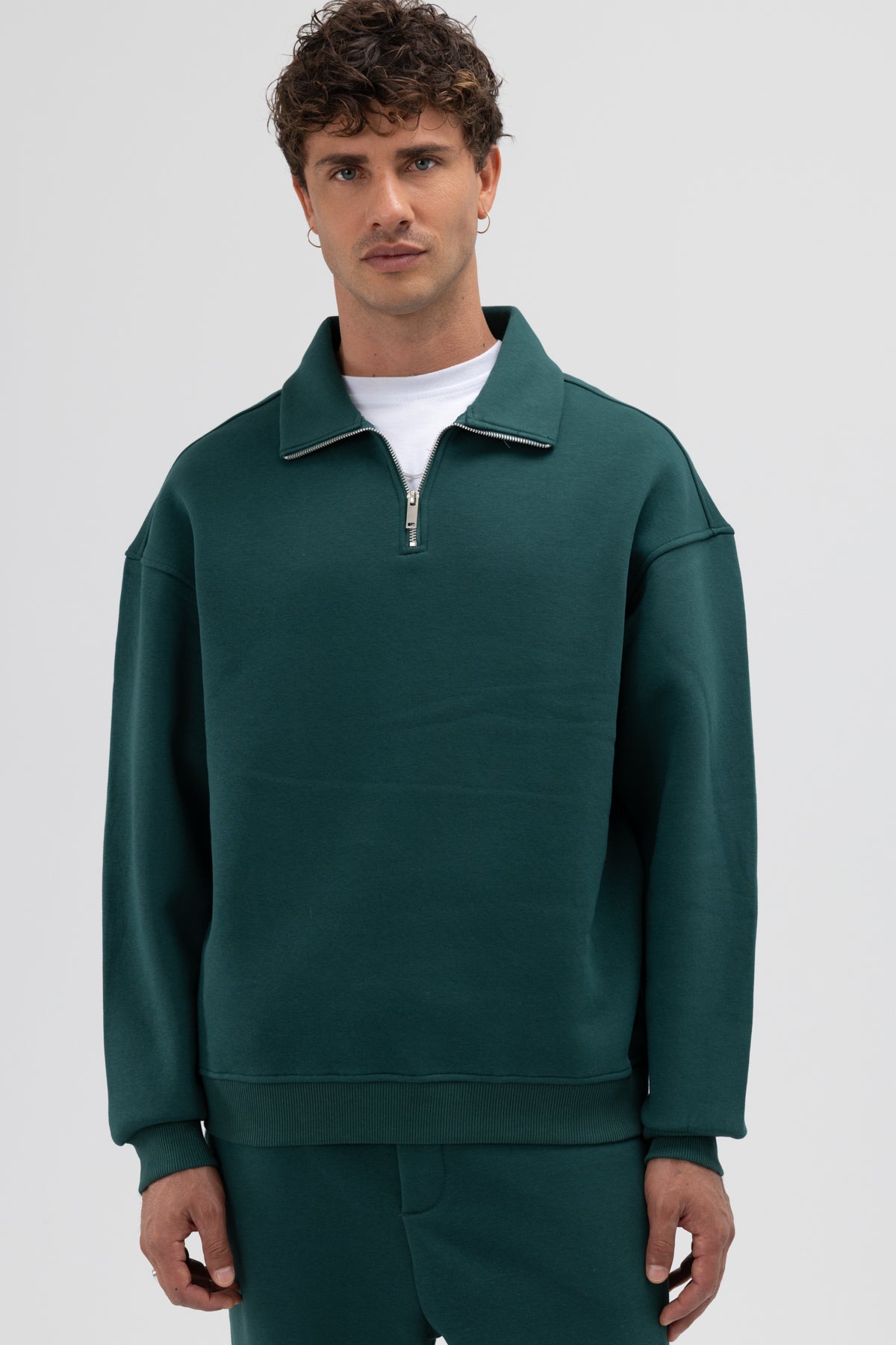 Oversize Fermuarlı Dik Yaka Sweatshirt Nefti