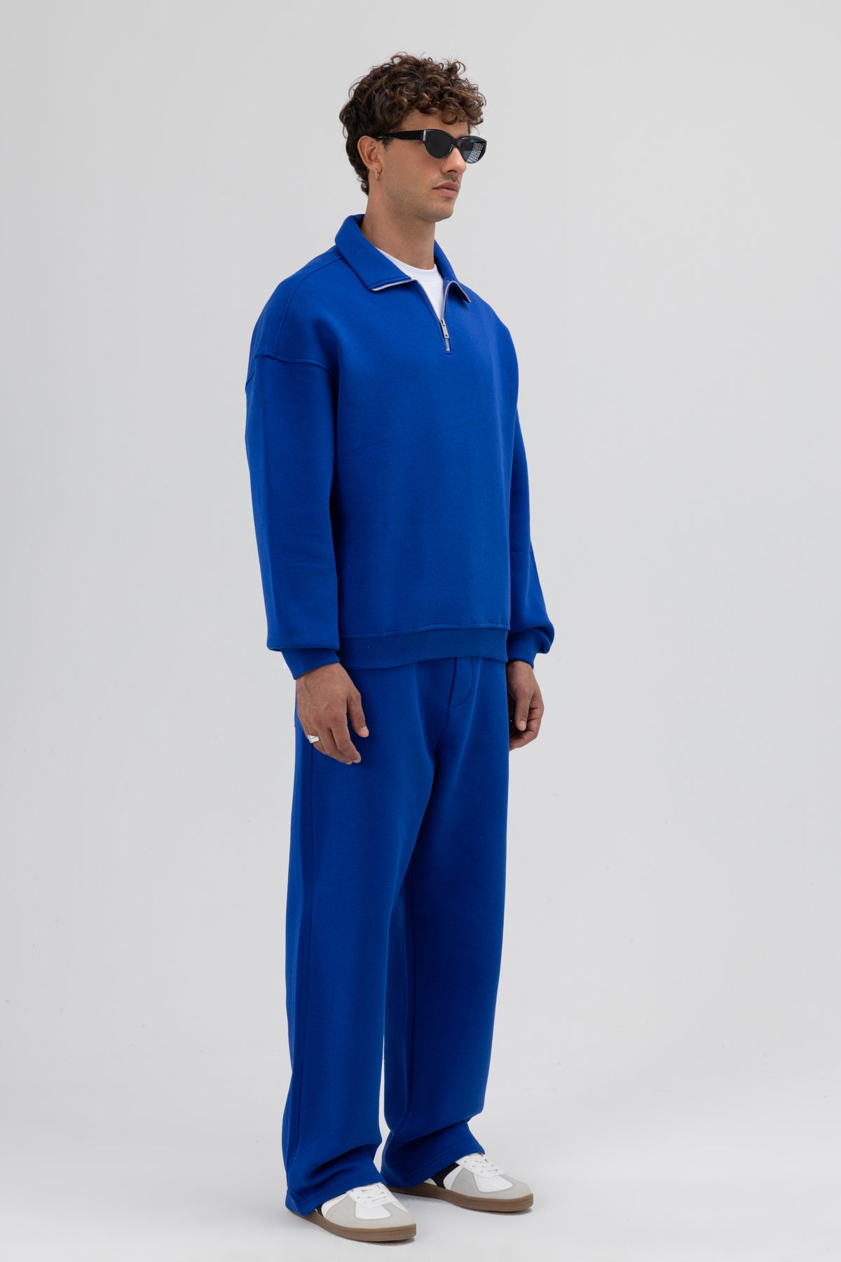 Oversize Fermuarlı Dik Yaka Sweatshirt Saks