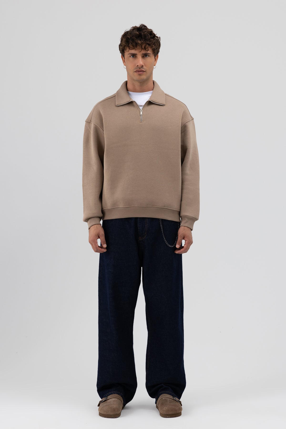 Oversize Fermuarlı Dik Yaka Sweatshirt Vizon