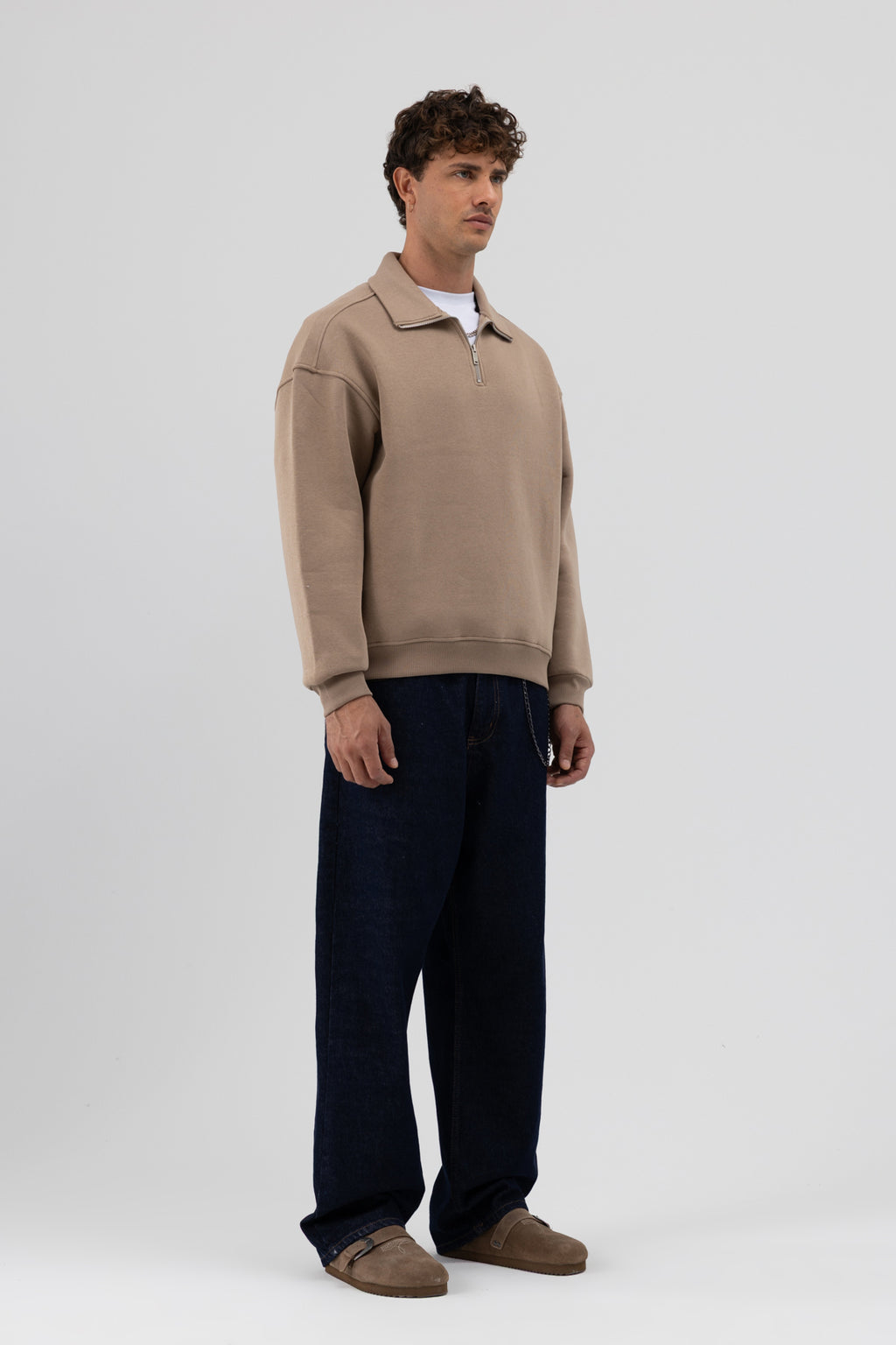Oversize Fermuarlı Dik Yaka Sweatshirt Vizon