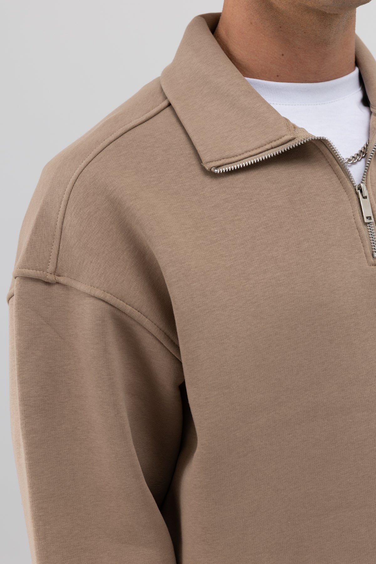 Oversize Fermuarlı Dik Yaka Sweatshirt Vizon