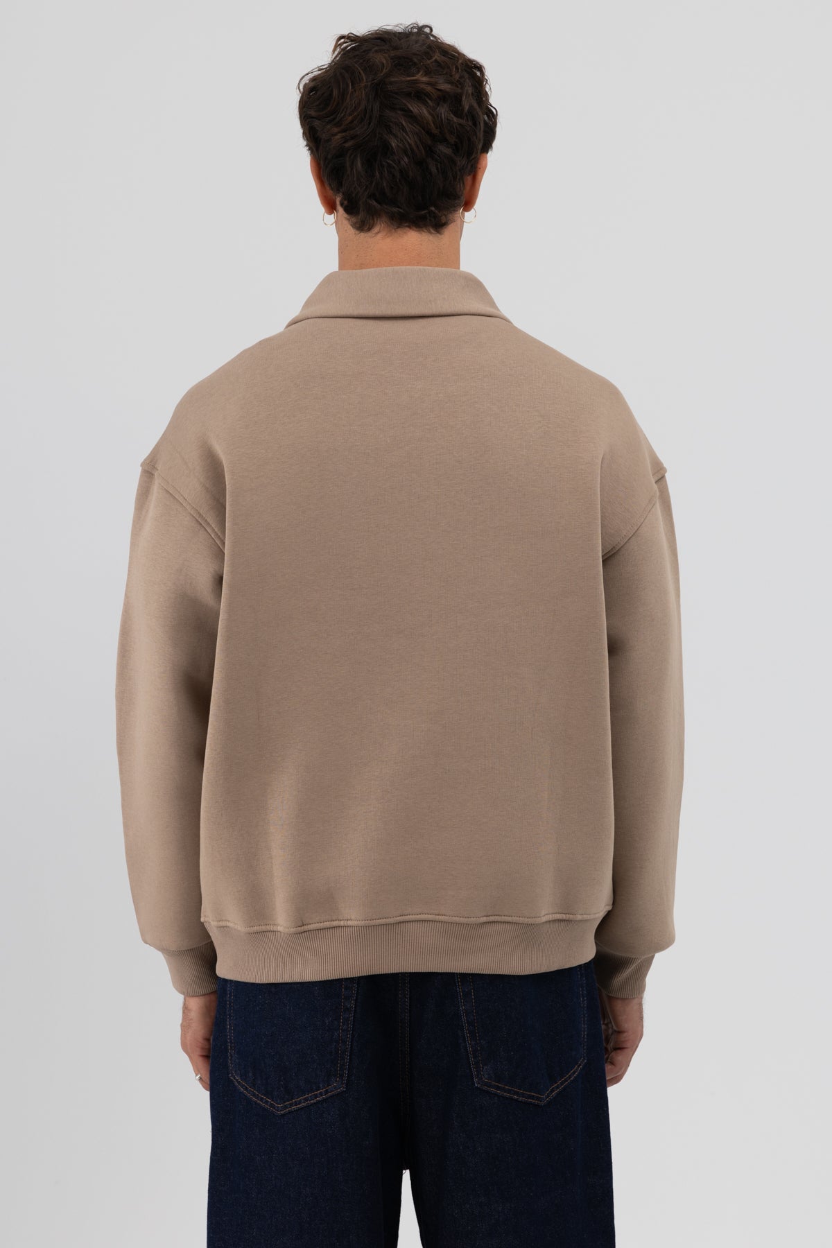 Oversize Fermuarlı Dik Yaka Sweatshirt Vizon