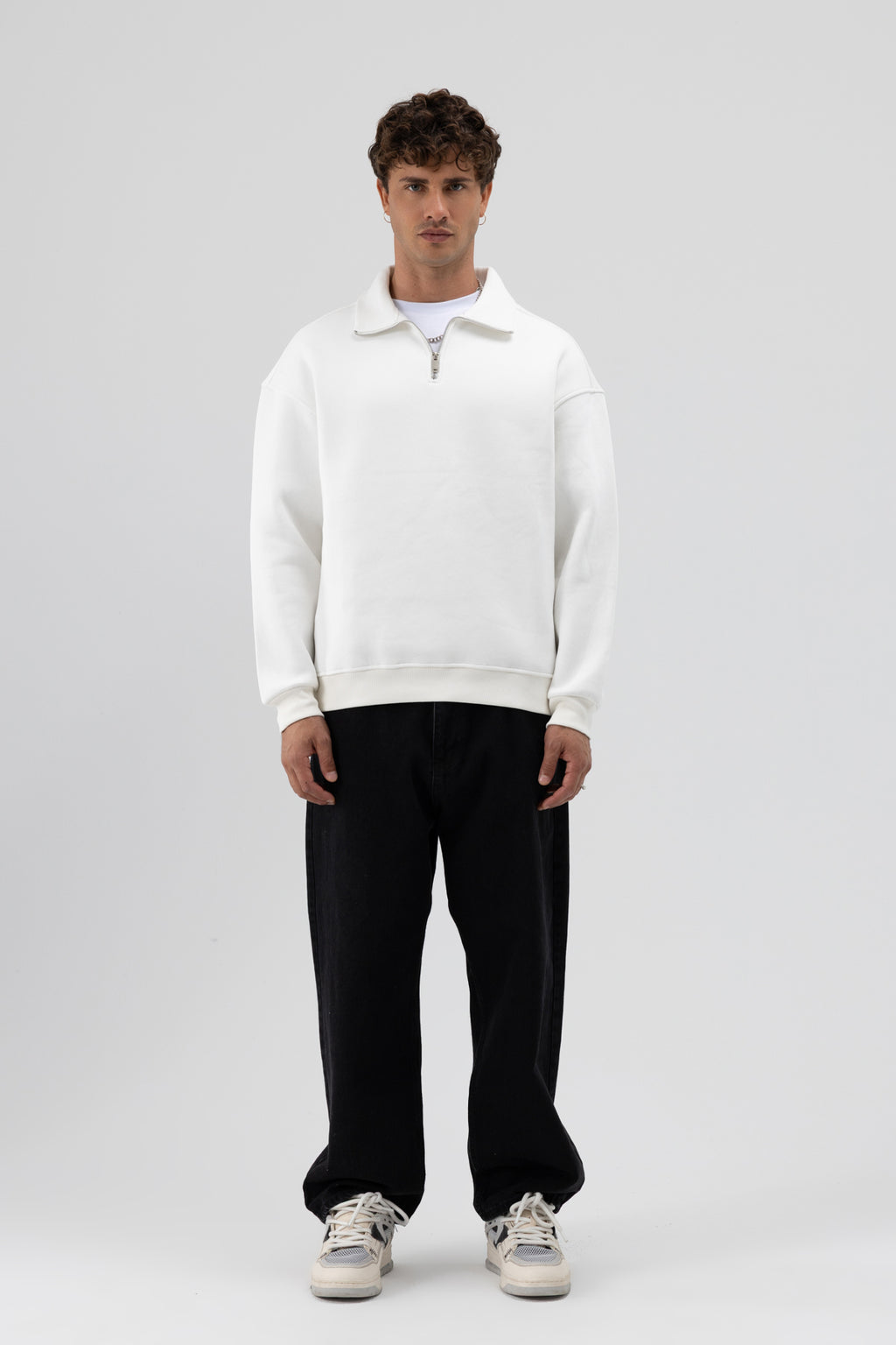 Oversize Fermuarlı Dik Yaka Sweatshirt Ekru