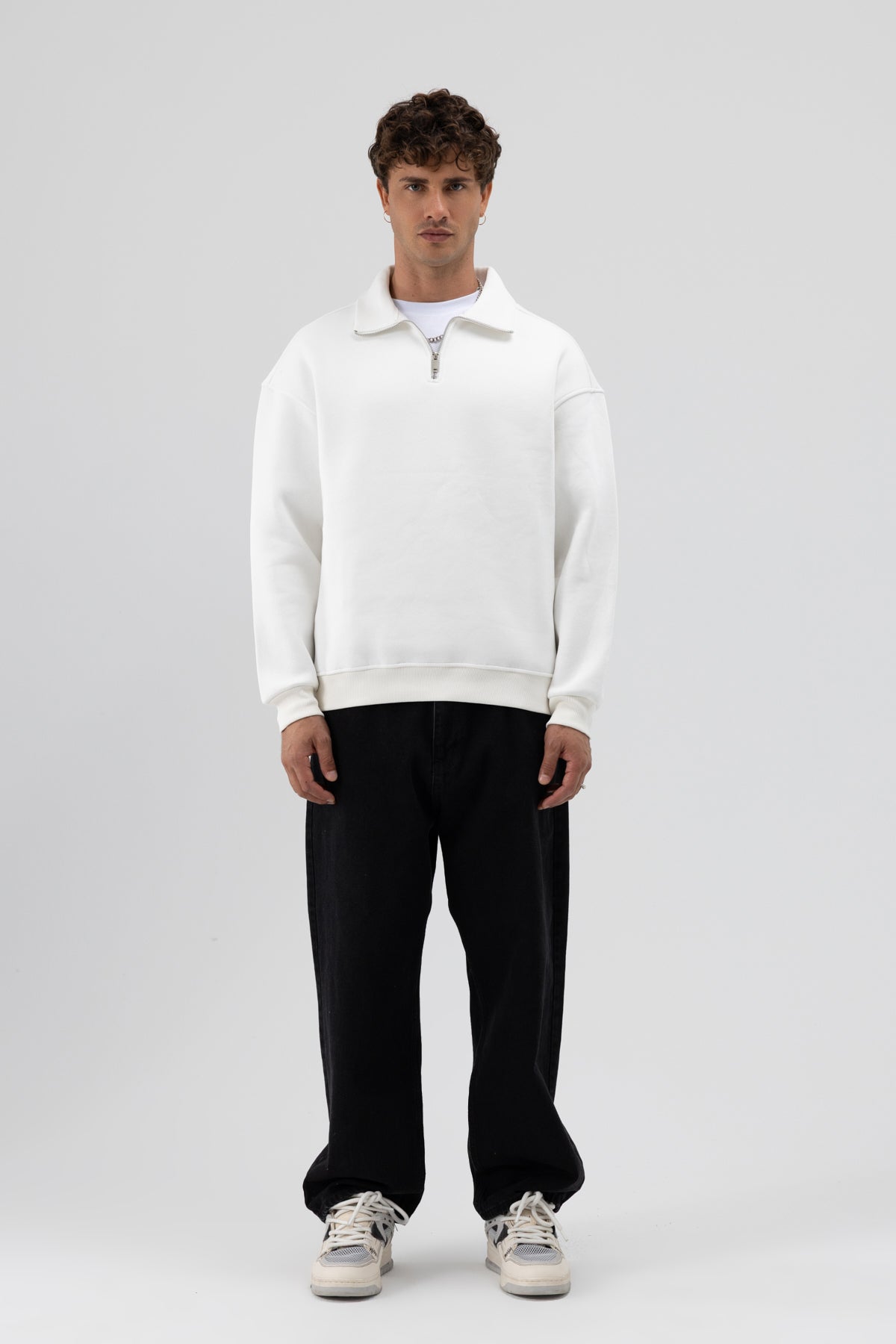 Oversize Fermuarlı Dik Yaka Sweatshirt Ekru