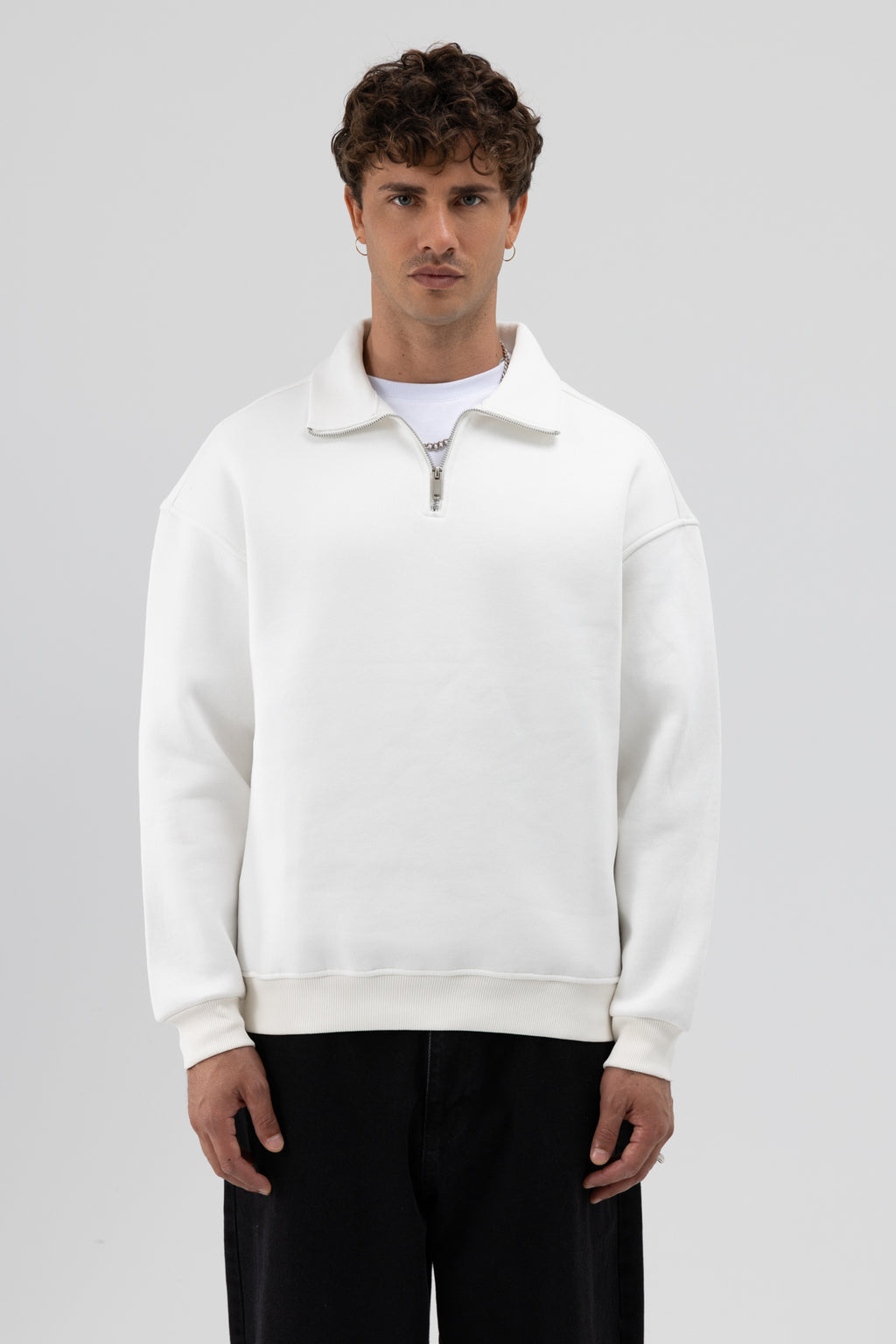 Oversize Fermuarlı Dik Yaka Sweatshirt Ekru