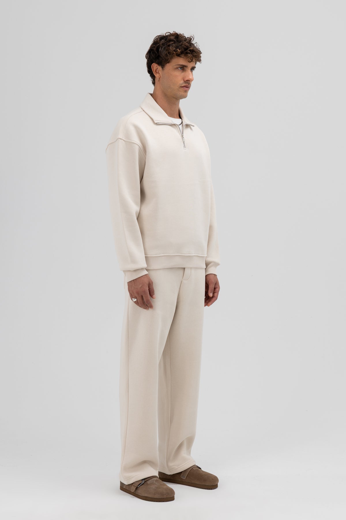 Oversize Fermuarlı Dik Yaka Sweatshirt Taş