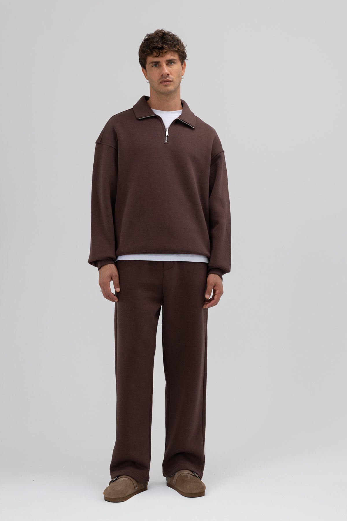 Oversize Fermuarlı Dik Yaka Sweatshirt Kahve
