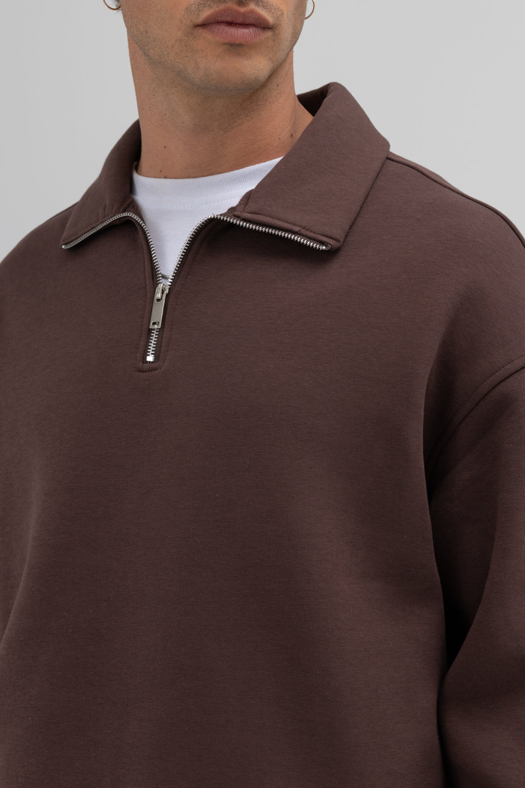 Oversize Fermuarlı Dik Yaka Sweatshirt Kahve