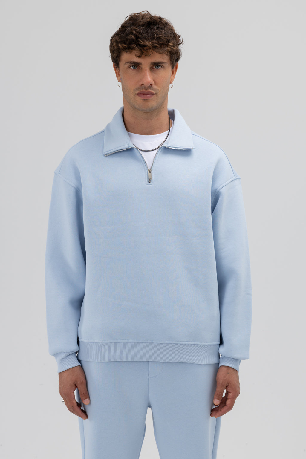 Oversize Fermuarlı Dik Yaka Sweatshirt Bebe Mavi