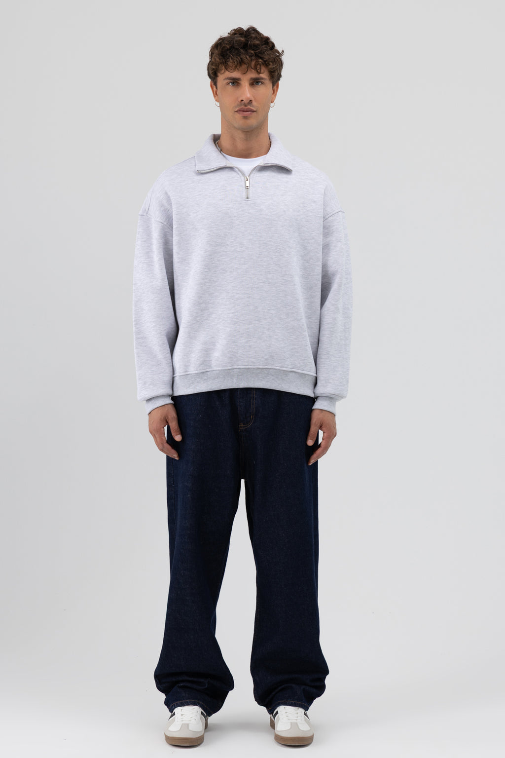Oversize Fermuarlı Dik Yaka Sweatshirt Kar Melanj