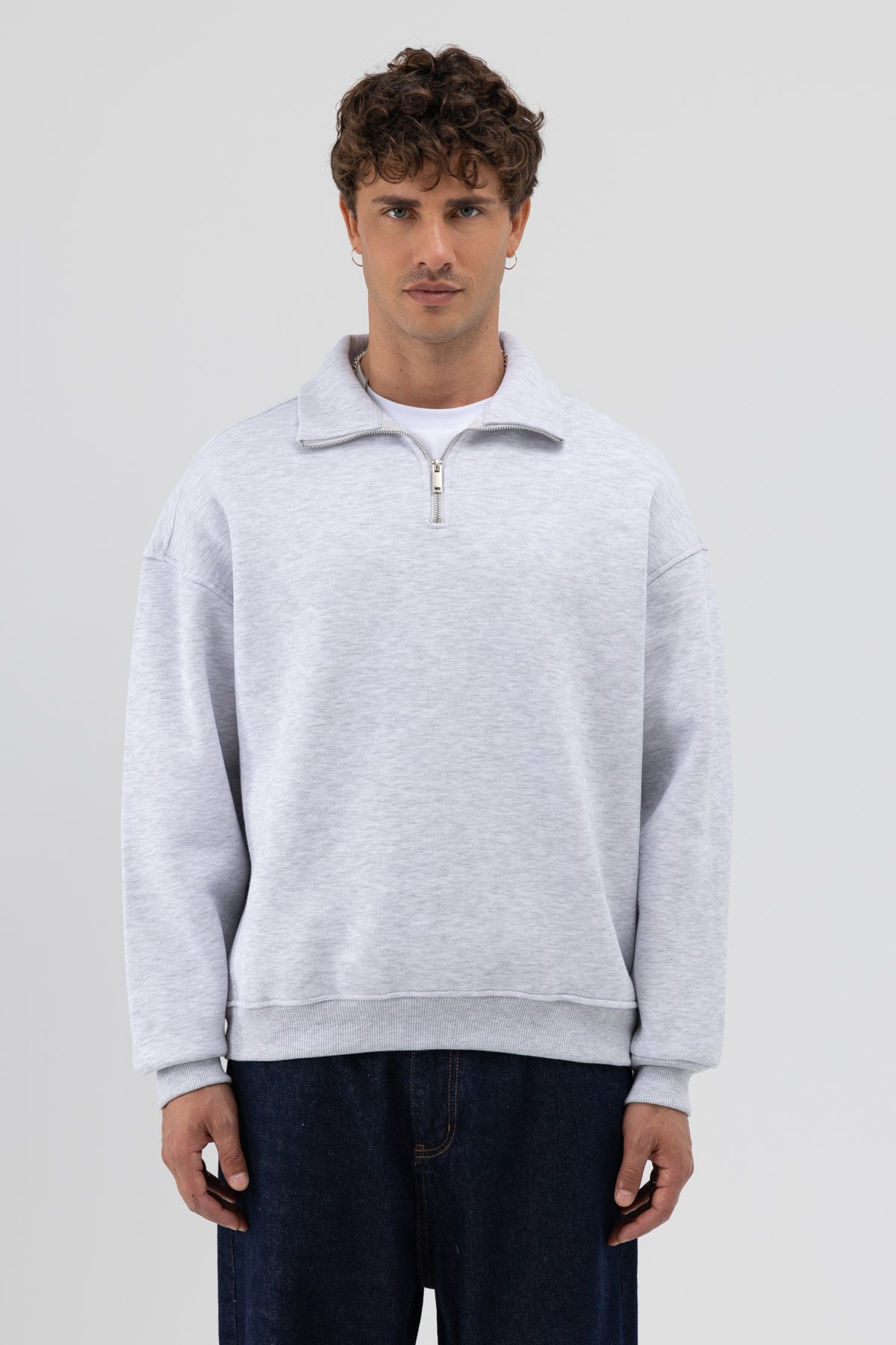 Oversize Fermuarlı Dik Yaka Sweatshirt Kar Melanj