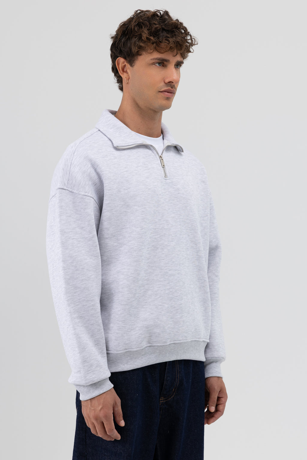 Oversize Fermuarlı Dik Yaka Sweatshirt Kar Melanj