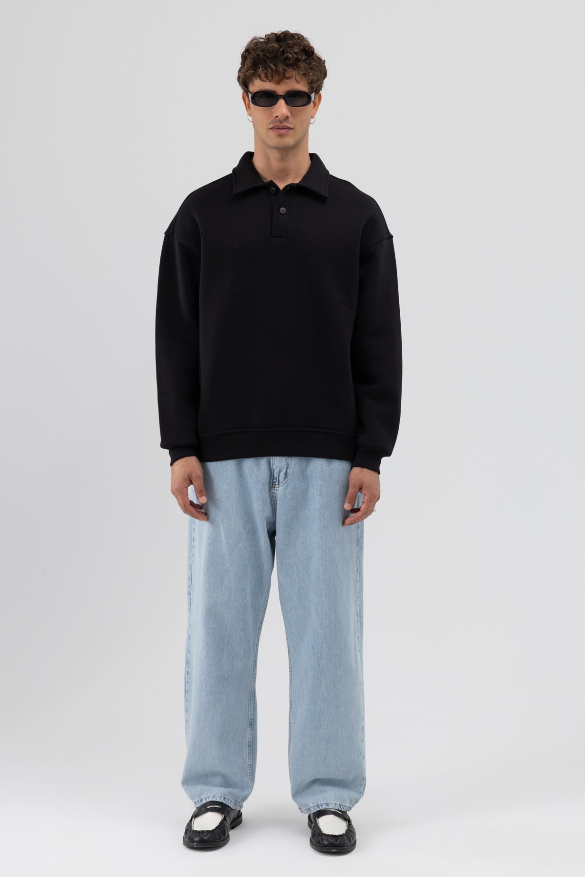 Basic Polo Yaka Sweatshirt Siyah