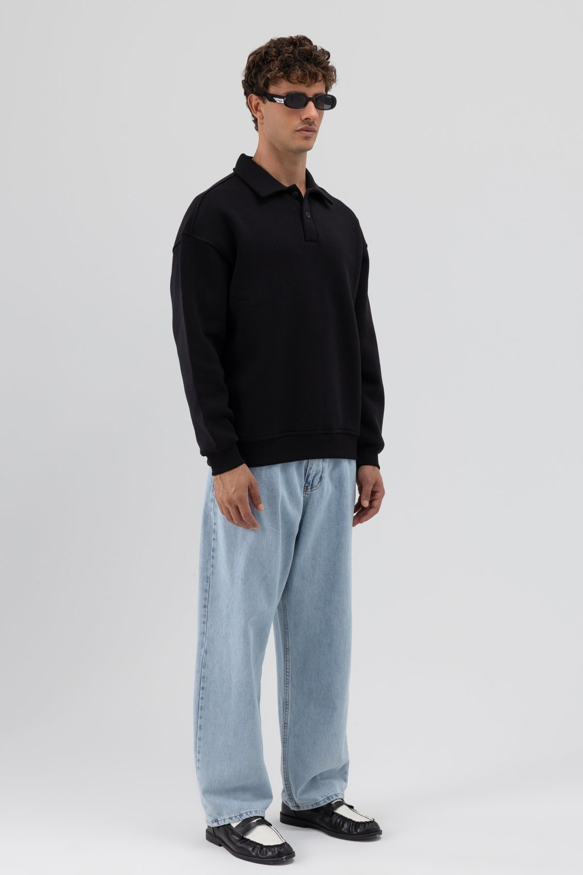 Basic Polo Yaka Sweatshirt Siyah
