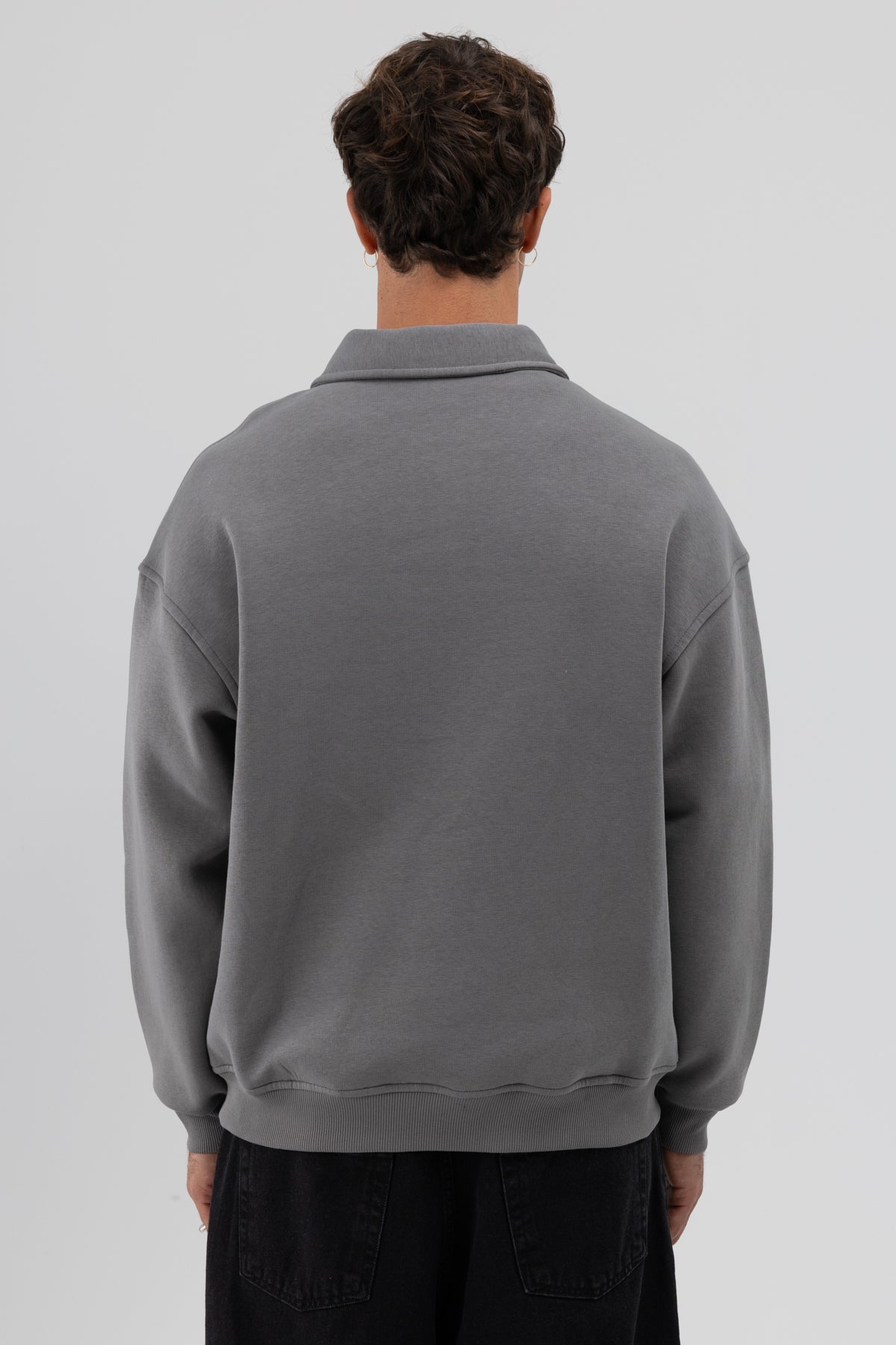 Basic Polo Yaka Sweatshirt Füme