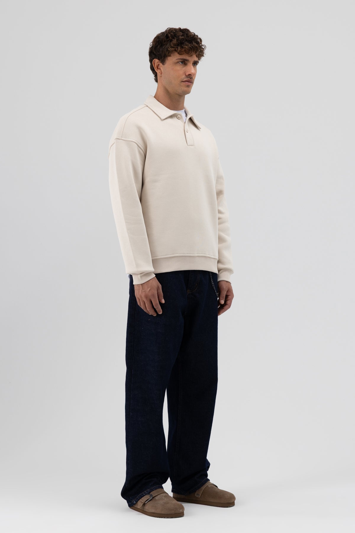 Basic Polo Yaka Sweatshirt Taş
