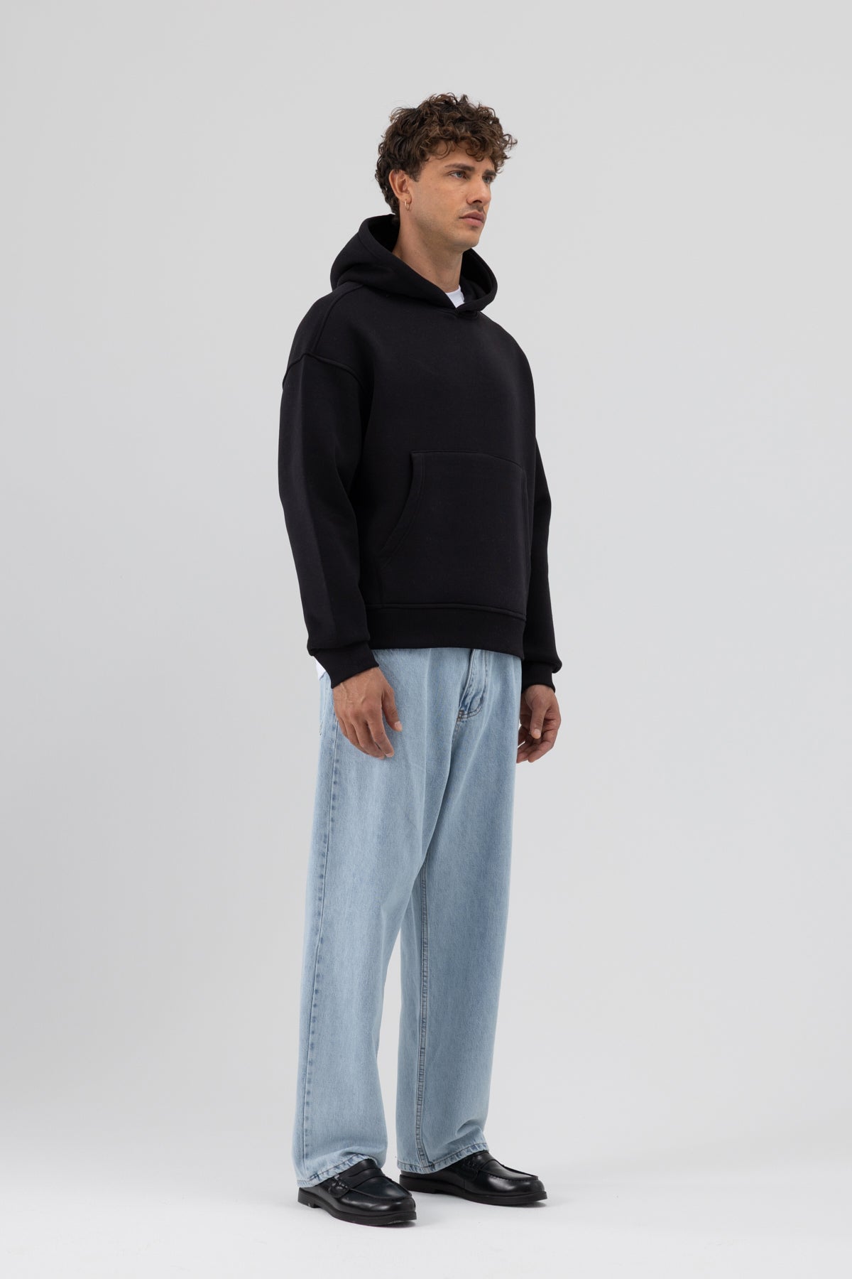 Basic Kapüşonlu Boxy Fit Sweatshirt Siyah