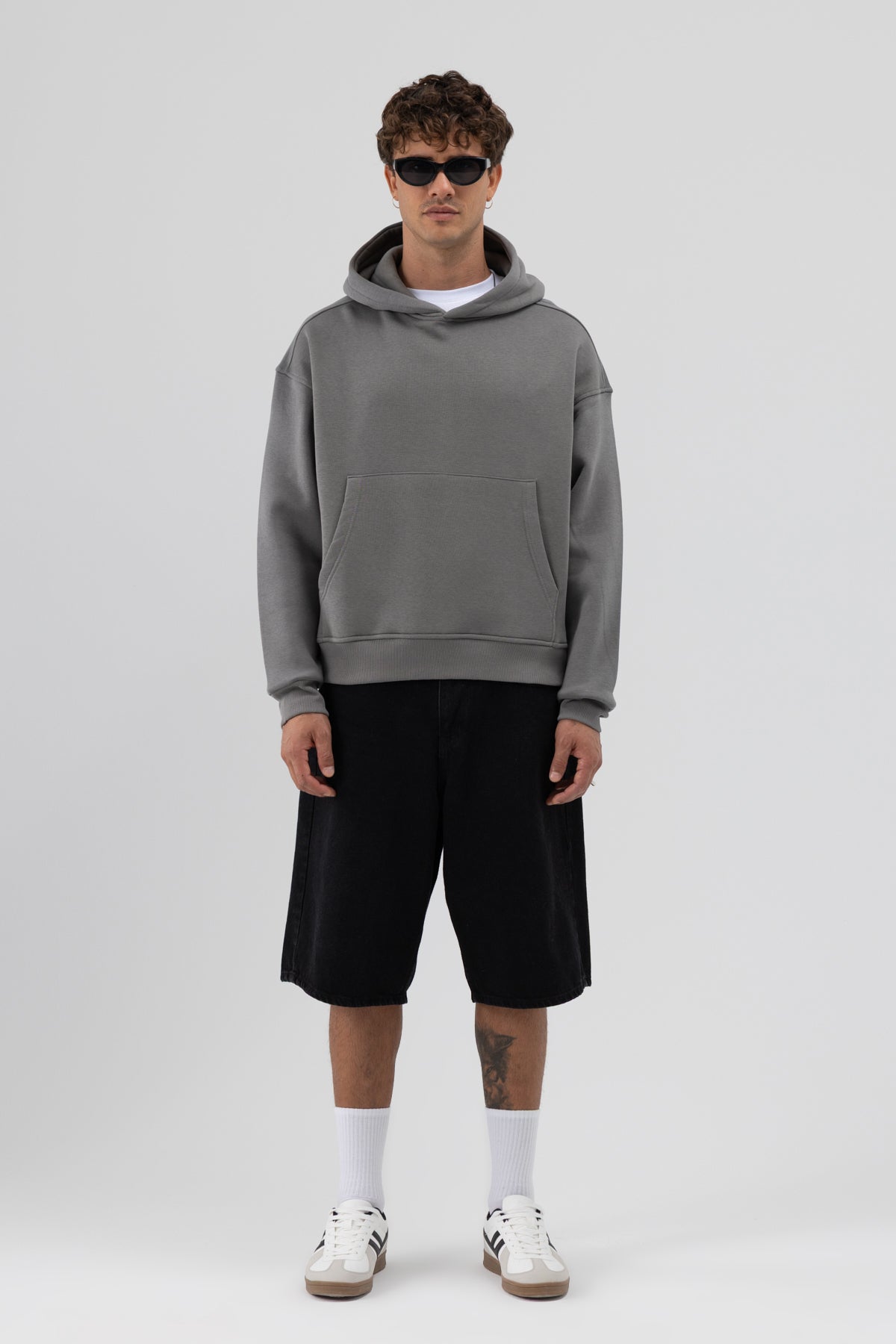 Basic Kapüşonlu Boxy Fit Sweatshirt Füme