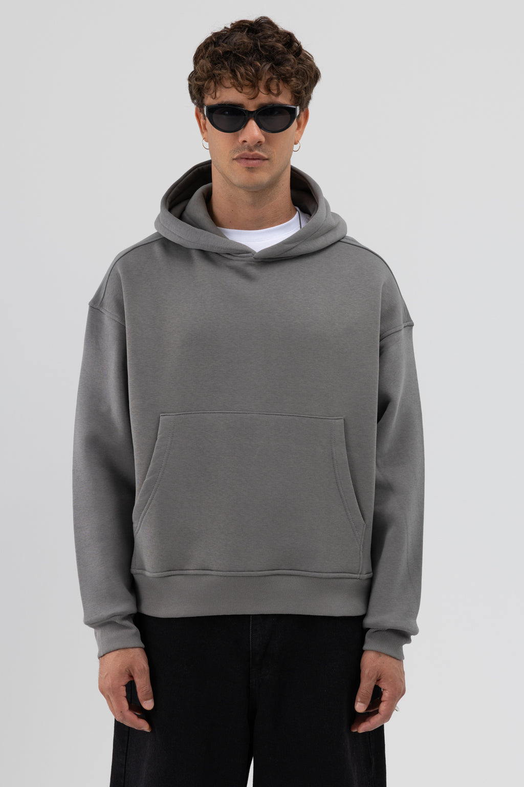 Basic Kapüşonlu Boxy Fit Sweatshirt Füme
