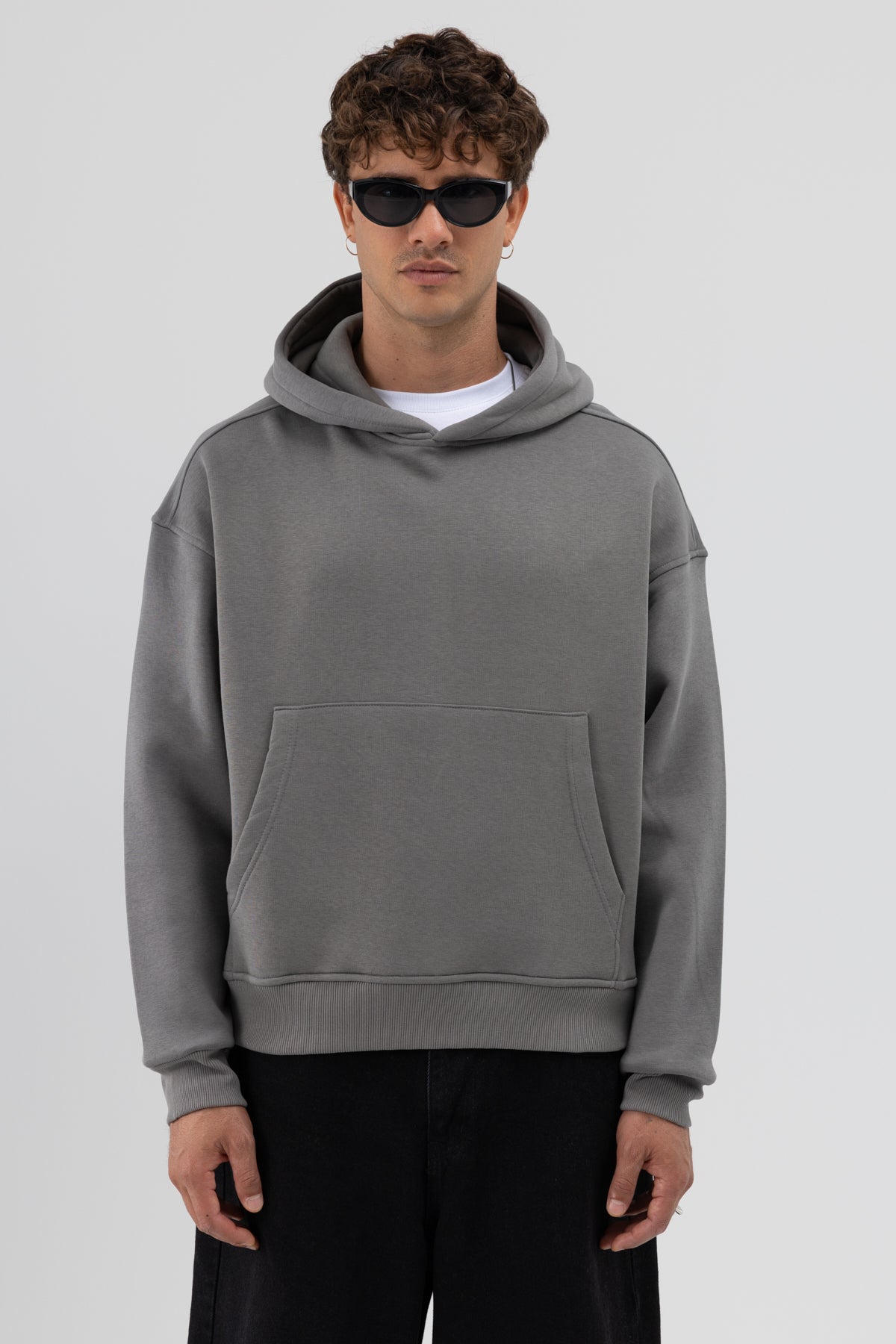 Basic Kapüşonlu Boxy Fit Sweatshirt Füme