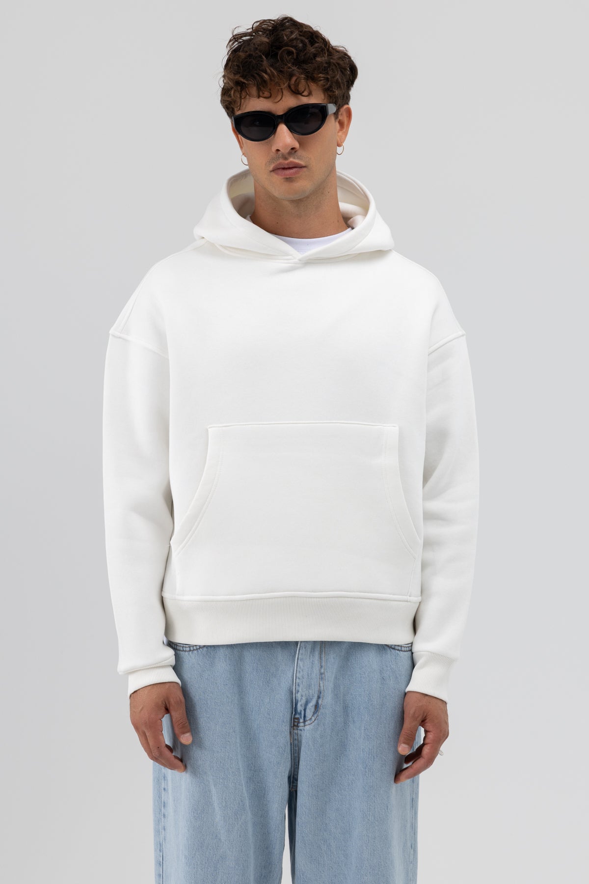 Basic Kapüşonlu Boxy Fit Sweatshirt Ekru