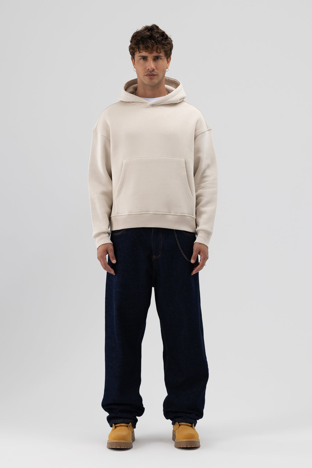 Basic Kapüşonlu Boxy Fit Sweatshirt Taş