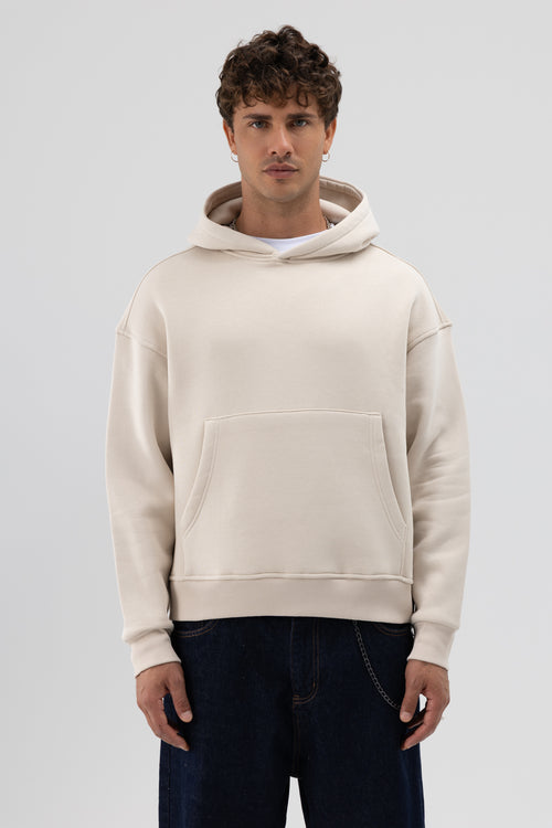 Basic Kapüşonlu Boxy Fit Sweatshirt Taş